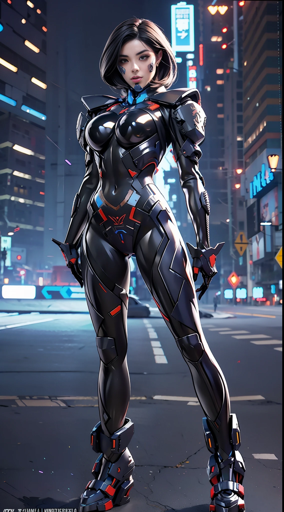 solo, super fine photo, full body picture Unreal Engine 5 8K UHD of beautiful girl, bob hair style, black color scheme tight cyberpunk battle suit, cybernetic glove, futuristic design, beautiful make up, luxurious, best quality, masterpiece, official art, unified 8k wallpaper, super detailed, sharp focus, dynamic pose, body parts