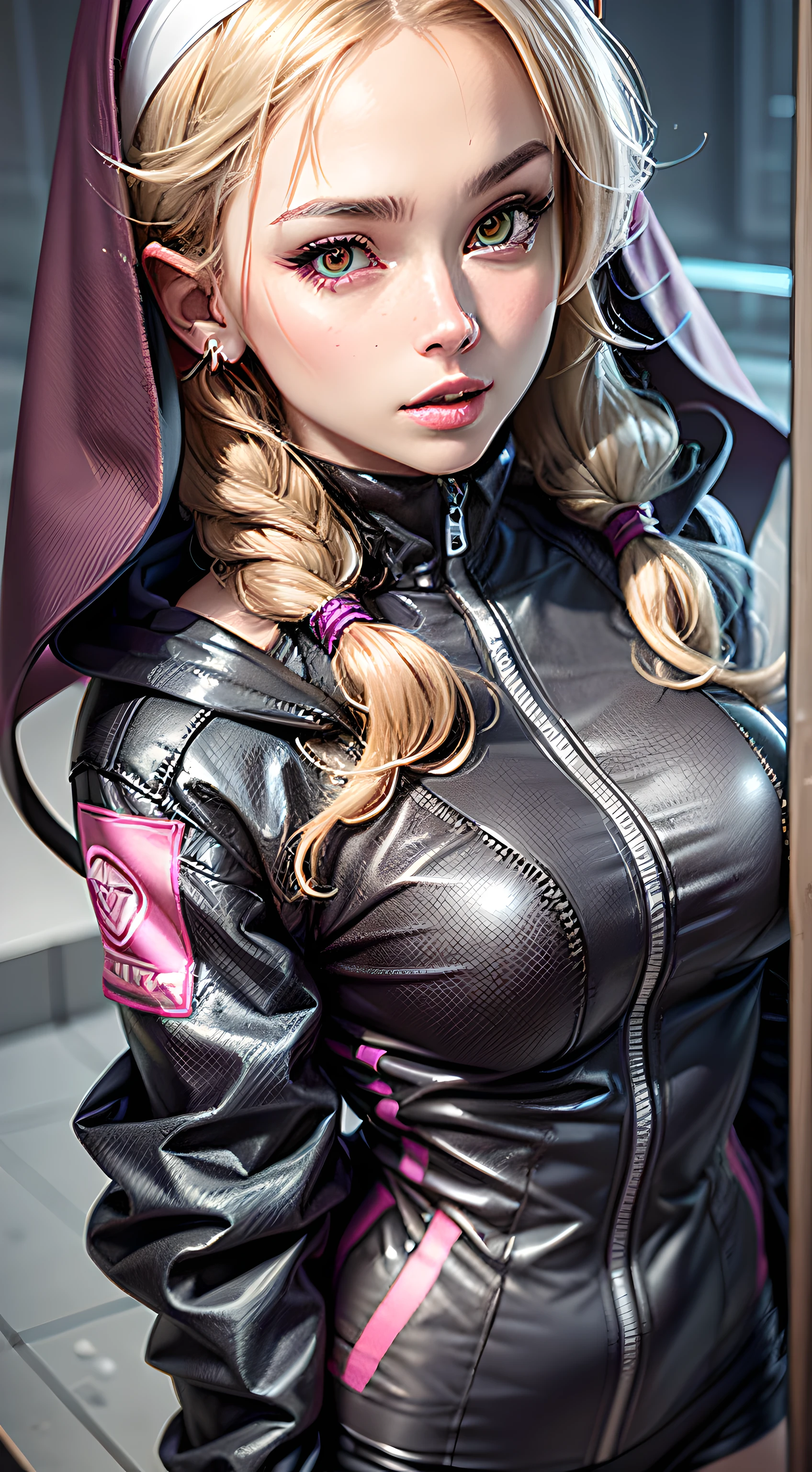 (An ultra-detailed CG illustration with high-quality and dynamic angles: 1 nun is featured wearing a desirable techwear jacket, revealing a line of sexy, futuristic clothing.)