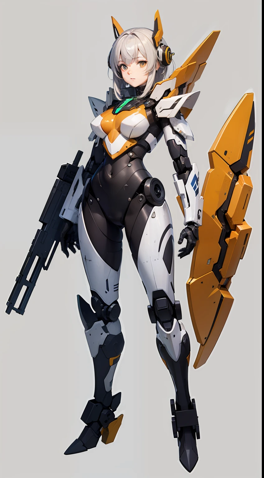 hair over shoulder,amber,orange,
simple background,
tachi-e,game_cg,
highres,
,solo,(heavy mecha musume:1.1),Mecha girl,
full-body,standing,applique,Battle suit,future science,