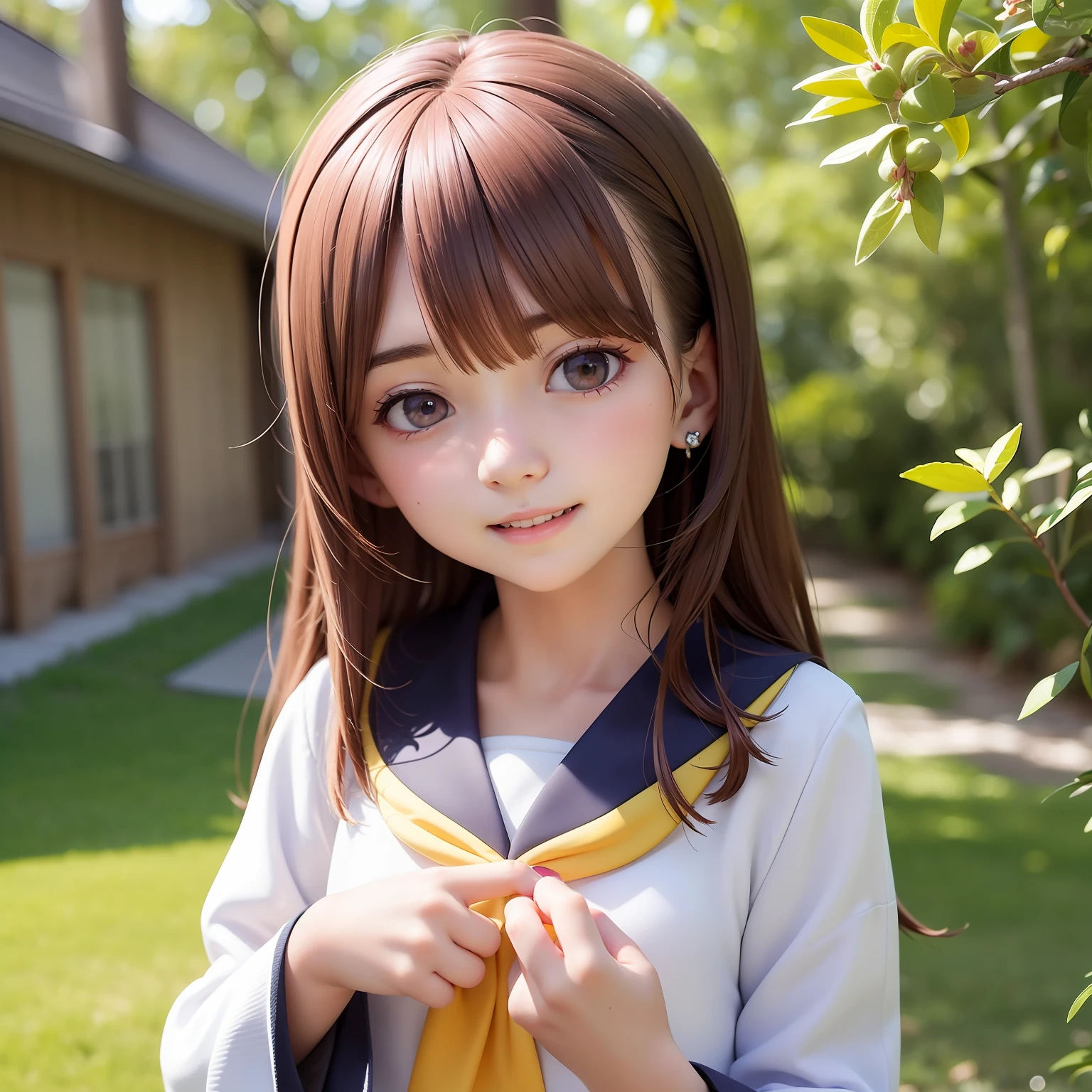 ((12year old girl:1.5)), 1 girl, loli, petite girl, complete anatomy, whole body, children's body, child, super cute, girl, little girl, beautiful girl, beautiful shining body, bangs,brown hair,high eyes,(aquamarine eyess), drooping eyes, petite,tall eyes, beautiful girl with fine details, Beautiful and delicate eyes, detailed face, Beautiful eyes, beautiful shining body,
random angles, random poses,Smiles, happiness,
Sailor suit, Japanese school, Japanese uniform, bouncy hair,紺色のプリーツスカート、
natural light,((realism: 1.2)), dynamic far view shot,cinematic lighting, perfect composition, by sumic.mic, ultra detailed, official art, masterpiece, (best quality:1.3), reflections, extremely detailed cg unity 8k wallpaper, detailed background, masterpiece, best quality, (masterpiece), (best quality:1.4), (ultra highres:1.2), (hyperrealistic:1.4), (photorealistic:1.2), best quality, high quality, highres, detail enhancement,