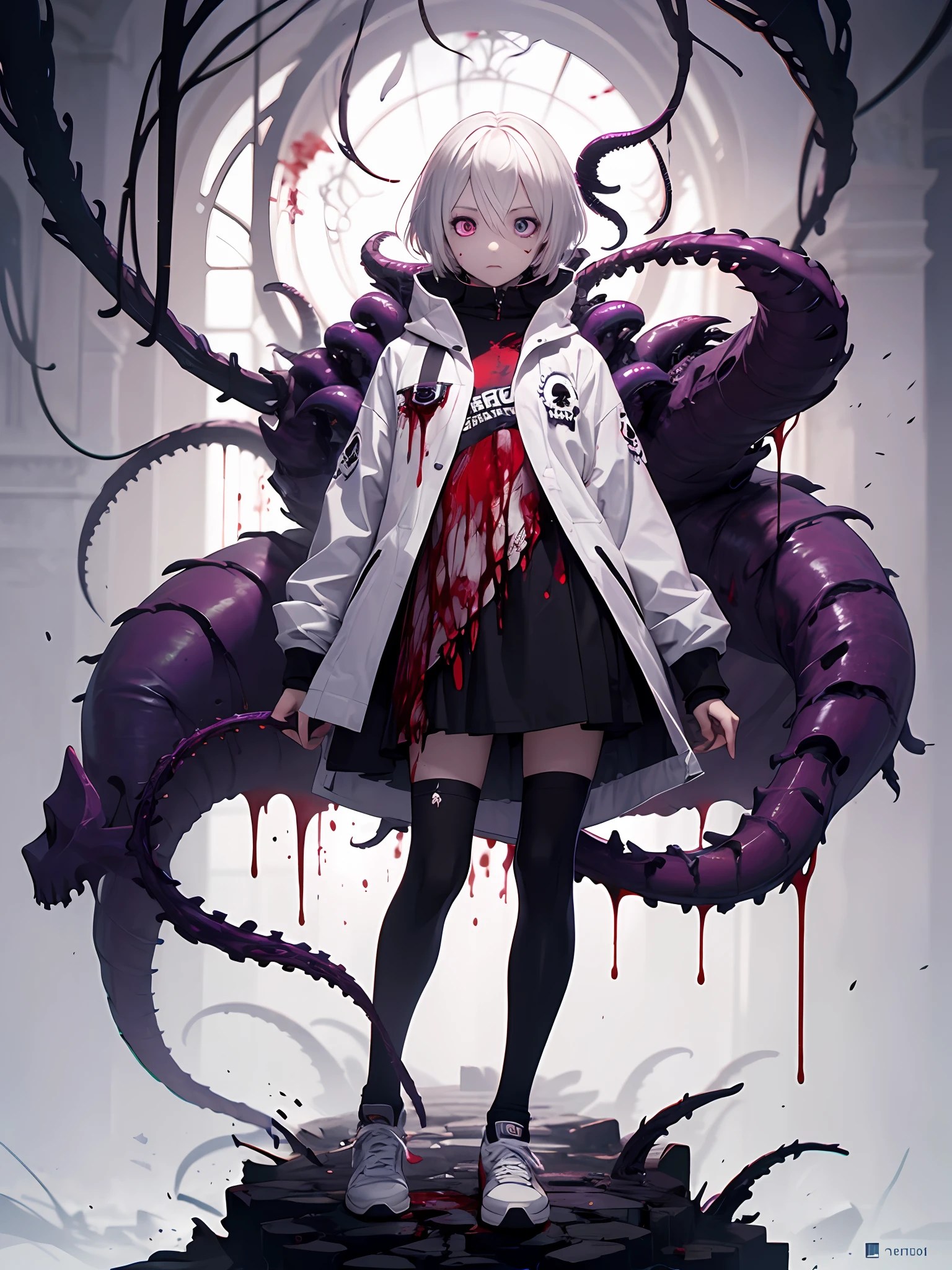 masterpiece,best_quality,concept_art,1boy,solo,shota,Necromancer,white_hair,long_jacket,purple_eyes,purple_liquid,wand,partly_bangs,hair_between_eyes,sneakers,black_legwear,((tentacles,skull,nightmare,flouting_eyeballs,blood)), --auto