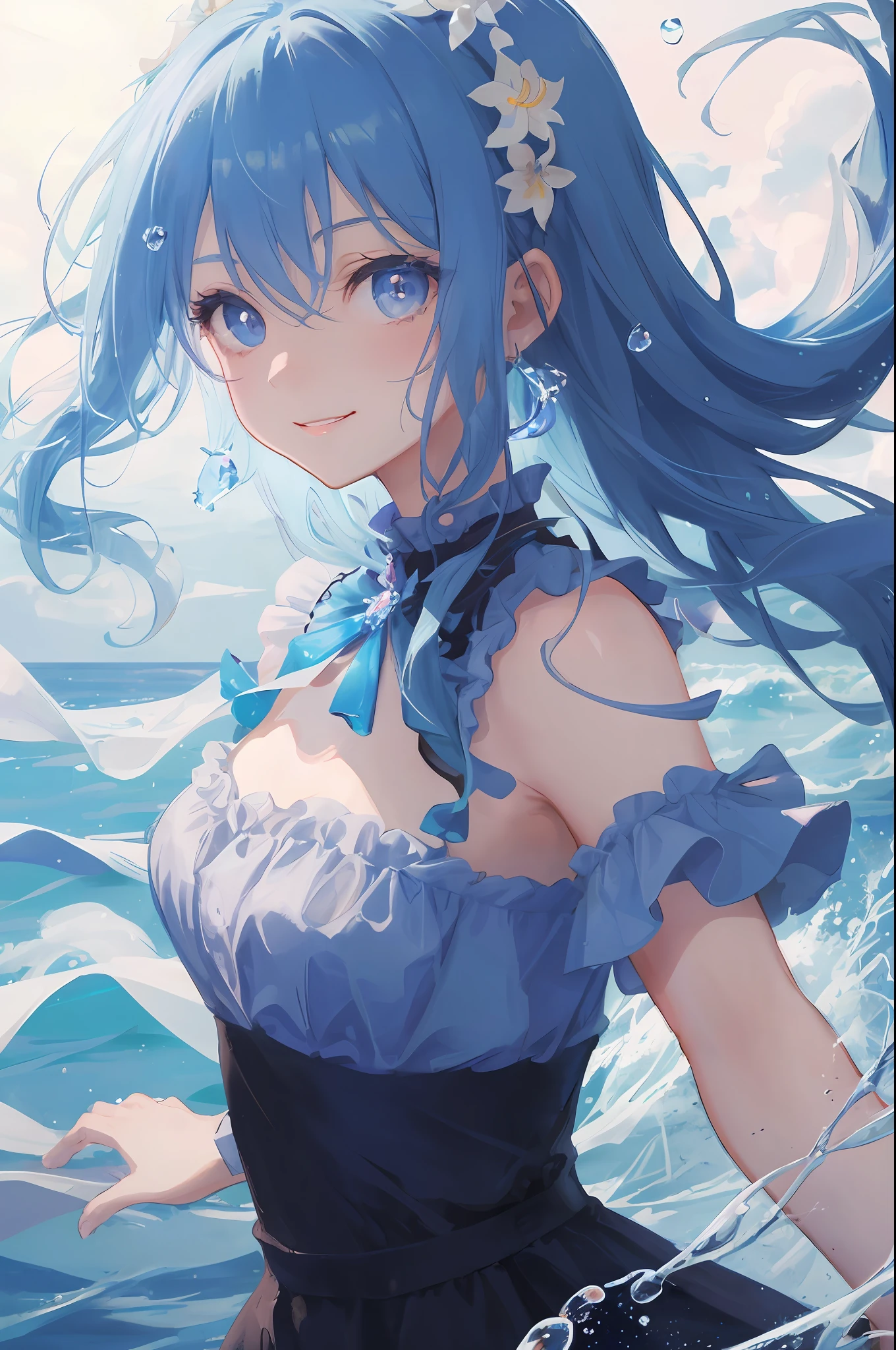 Cornflower, art by Dreamers
(A petite girl with beautiful eyes.) Beautiful light blue hair, light blue monochromatic dress, upper body, depth of field in the photo is perfect, lens flare added a nice touch. The fine features of his face really stood out, and the score in this photo was definitely over 10. In the background was a beautiful sea with crystal clear water and water droplets floating on the surface. It was really a stunning picture that captured the girl's beauty and water.),accurate iris depiction,trying to hug the viewer lovingly like a goddess with a gentle smile,