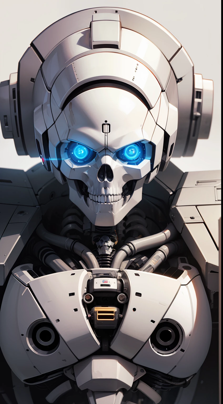 Masterpiece, illustration,8K wallpaper, super detailed,portrait,(full body),
(1 robot:1.3),(solo),(Machine Skeleton),white hair,(Machine eyes),(Mechanical (heart)),
(Cable:1.2),(Transmission tube:1.2),(Machine eye:1.3)
(white background: 1.8),mecha Machine Skeleton ,natural light, light tracing