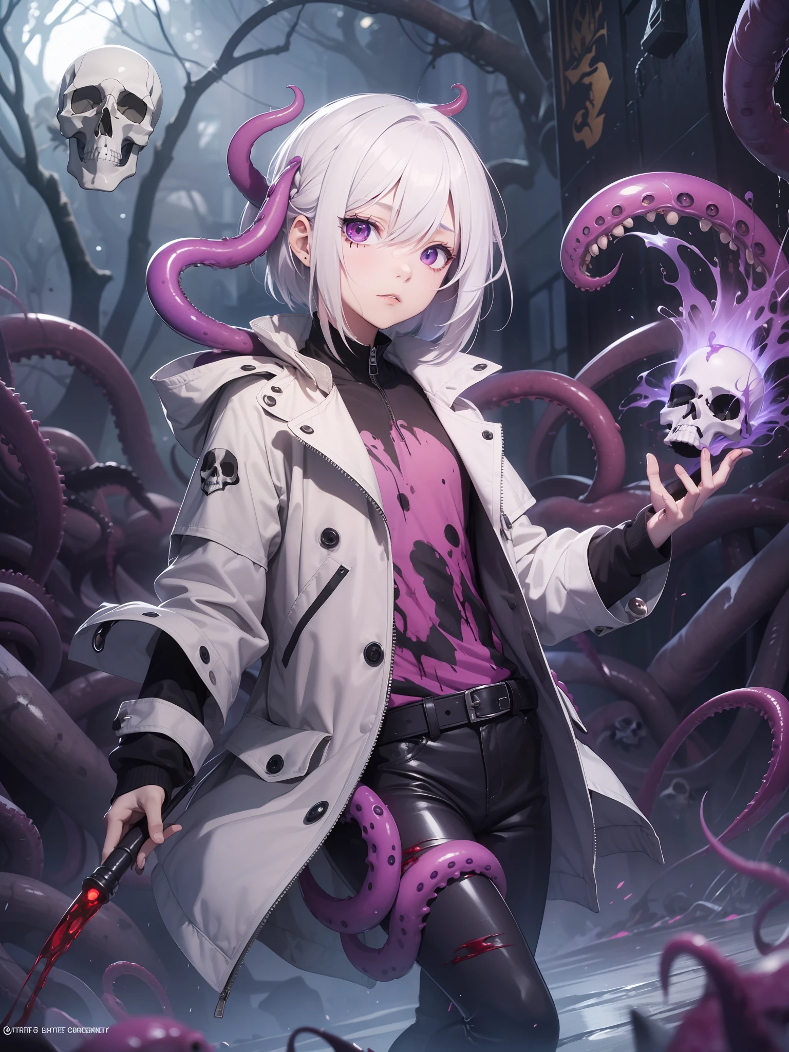 masterpiece,best_quality,concept_art,1boy,solo,shota,Necromancer,white_hair,long_jacket,purple_eyes,purple_liquid,wand,partly_bangs,hair_between_eyes,sneakers,black_legwear,((tentacles,skull,nightmare,flouting_eyeballs,blood)),