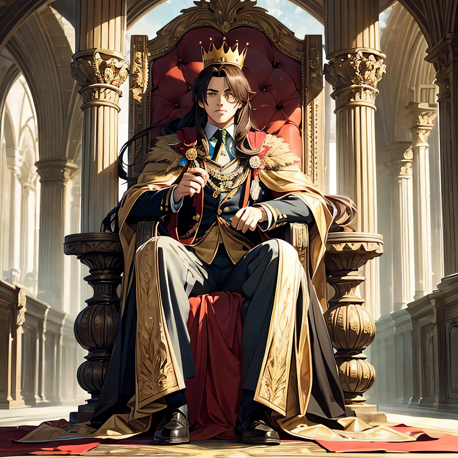 man, brown eyes, brown eyes, long hair, tied, tall and strong man, suit, king, powerful leader, anime, drawing, king, king of the kingdom, long hair tied, hair with brown tips, black suit of a king, crown, crown on head, crown with green and yellow red stones, hair tied, ponytail, hair stuck, strong man sitting on the throne, power