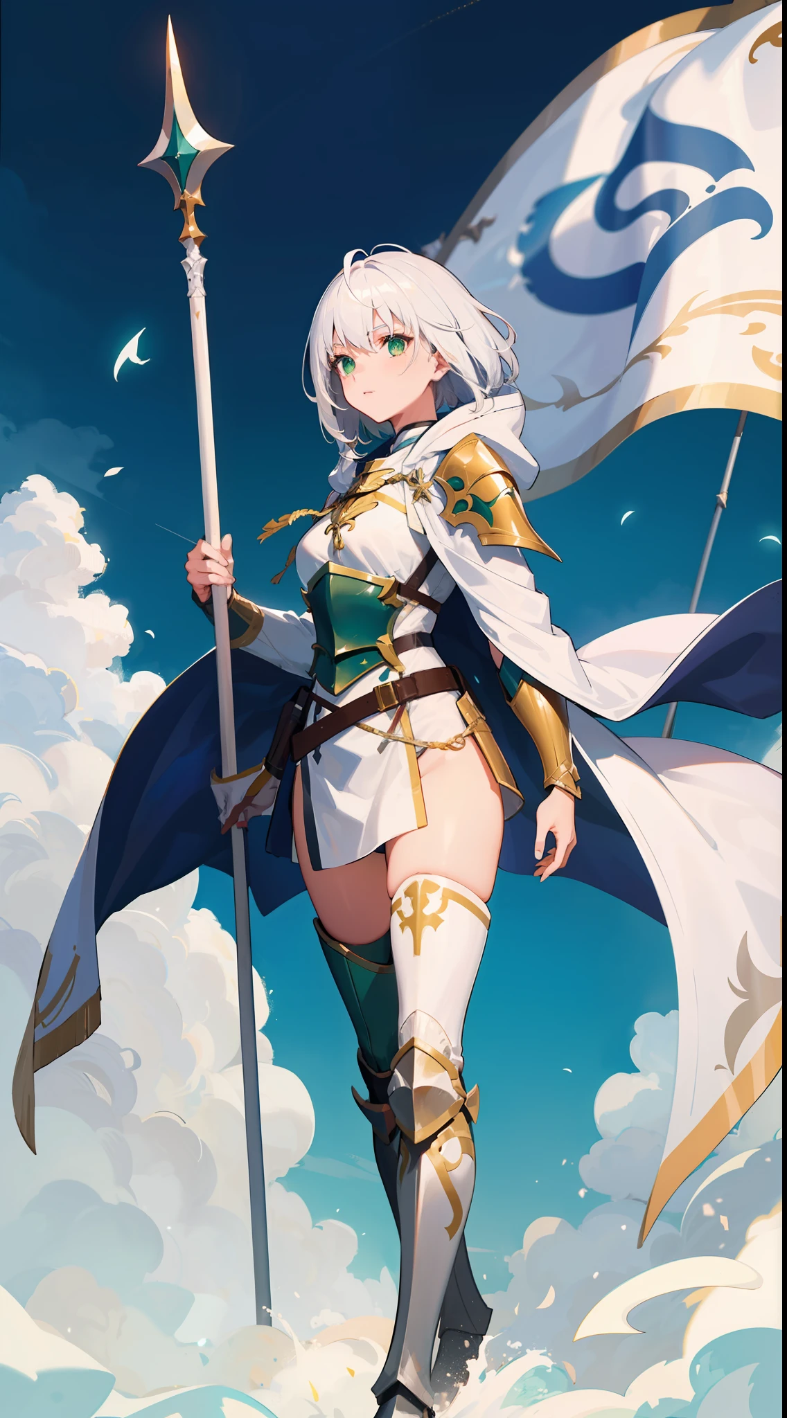 1girl, sharp white hair, sharp green eyes, wearing full white armor and radiating light, paladin, 8k, holding a flag spear, wearing white robes with hood and epic white paladin super armor, wearing general robes and she is greater tanker