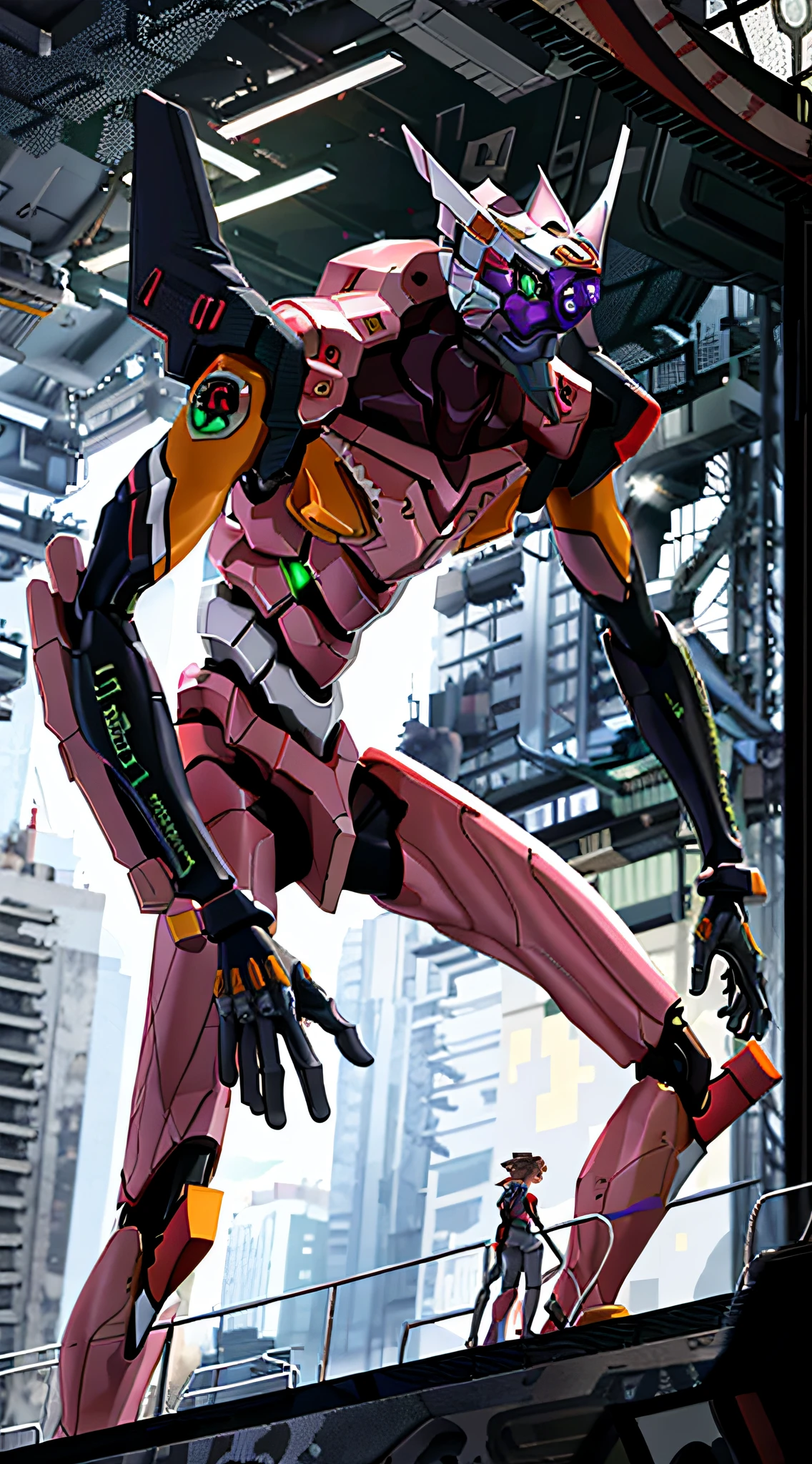 (Eva 06), Eva God, Evangelion Mecha, Science Fiction, Looking at the Audience, 3d Rendering, (Official Art, Best Quality, Masterpiece: 1.2), Illustration, High Resolution, Beautiful Abstract Background, Futuristic, Cyberpunk, Intense Angle