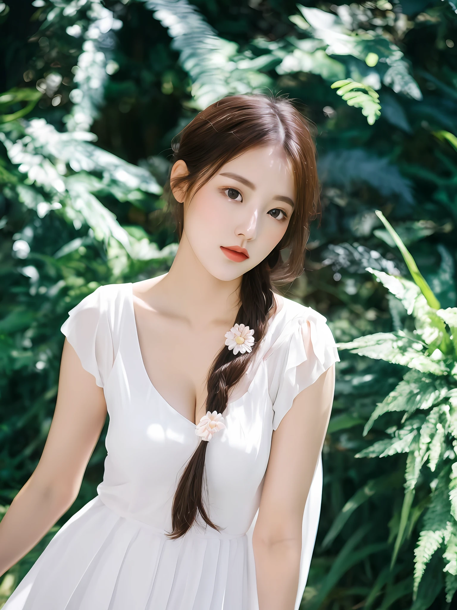 Best quality, 8k, 32k, masterpiece, UHD: 1.2), big boobs, big breasts, 1 woman, 22 years old, very beautiful slim legs, wearing silk clothes, very beautiful slender legs, light milky porcelain skin, seaside, milky skin, slender legs, beautiful slim legs, white clothes, pink clothes, silk clothes, under the shade trees
