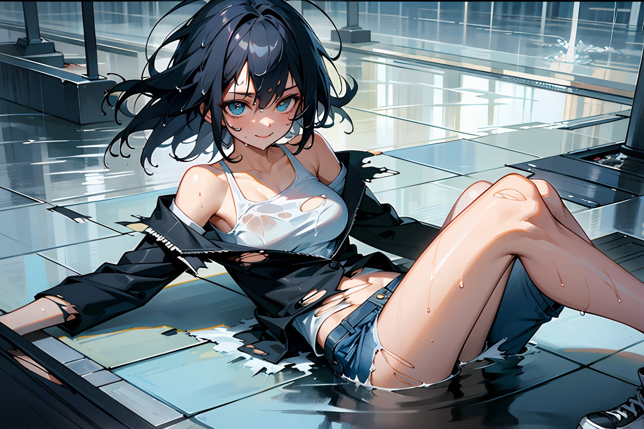 best image quality, masterpiece, ultra high resolution, (fidelity:1.4), photo, 1 girl, black blazer, torn jeans, white sneakers, dim, dark, determined eyes, movie with confident smile smile, (torn clothes:1.5), (wet clothes:1.4), bare shoulders, real rain, wet hair,..