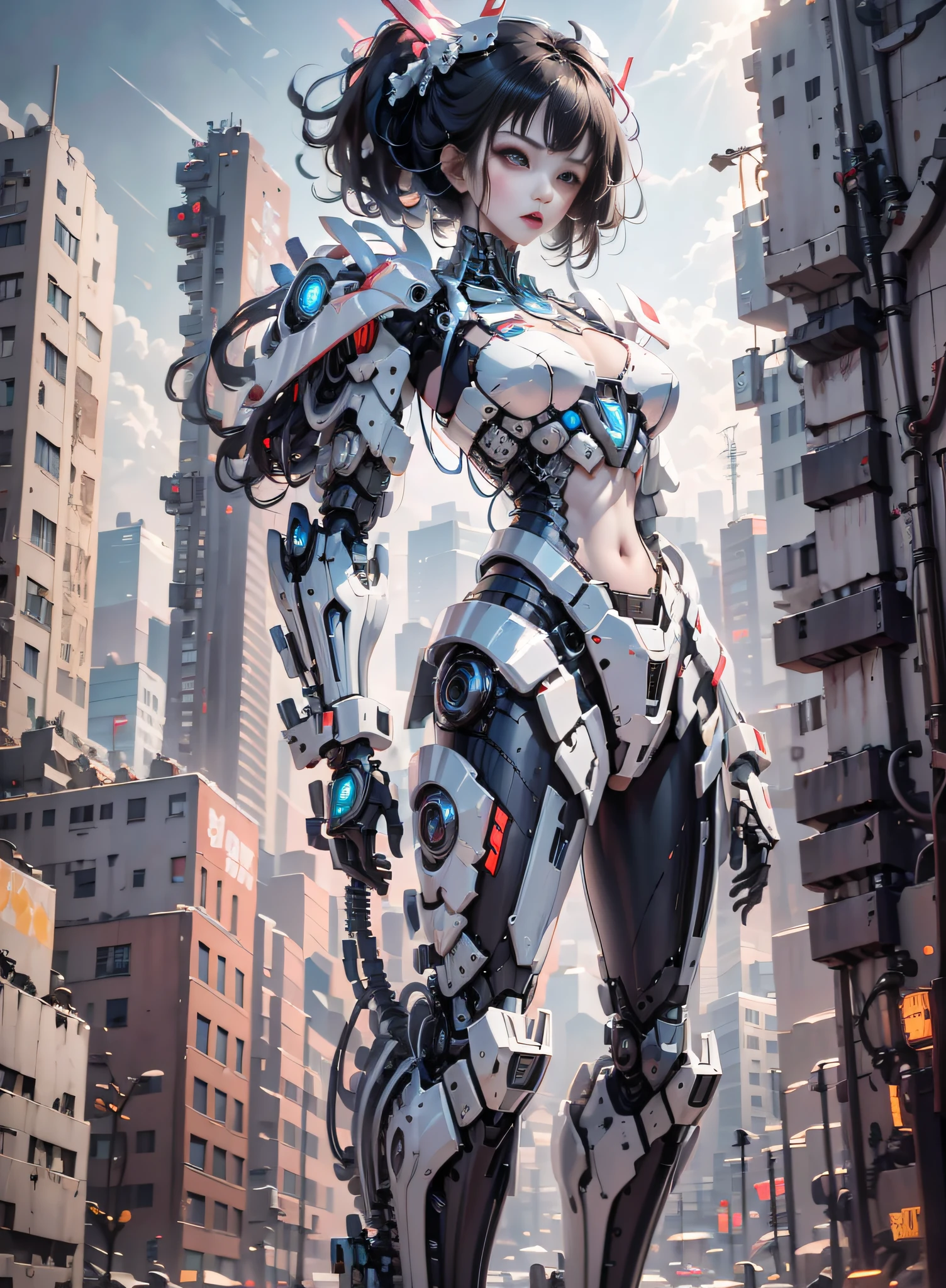 (highly detailed:1.5), (8k), futuristic mecha girl on the cover of a neon-lit science fiction magazine, style (cyberpunk:1.3), wearing an elegant battle suit with bright details, posing sensually, (bold typography:1.2), dynamic composition, vibrant colors, (Akira style:1.1), (inspired by Hajime Sorayama:1.2), full body, details in red, yellow, blue, white, combat position, detailed bikini, futuristic detailed kaneda bike,