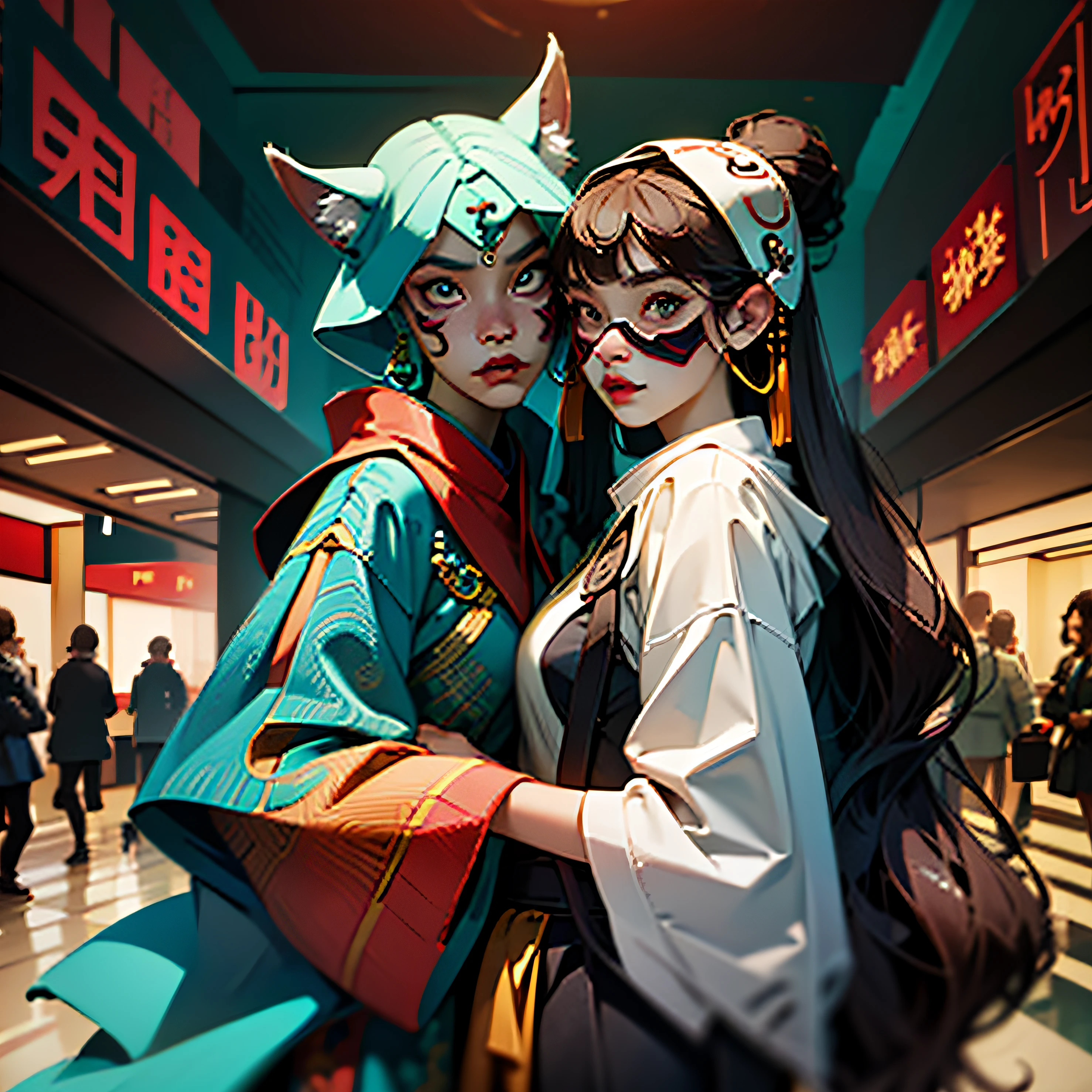 they are wearing masks and posing for a picture in a mall, nixeu and sakimichan, in a mall, at a mall, ruan jia and fenghua zhong, reddit post, with kitsune mask, appearing in a shopping mall, ruan jia and brom, wearing a fisher 🧥, wearing a kitsune mask, from china, holding blade -imagine --auto --s2