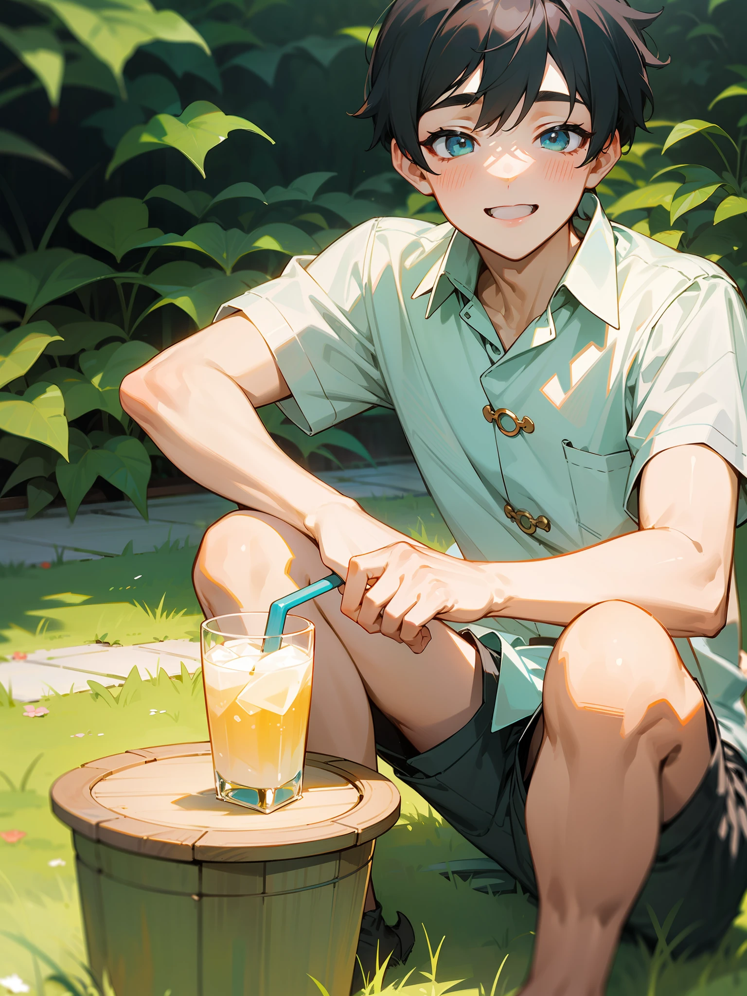 {Masterpiece},}, {{best quality}, 8k wallpaper, ,1boy,qingshan,A short sleeved shirt, shorts, hot summer, outdoors, lawn, dessert, happy,Summer Drinks,,
