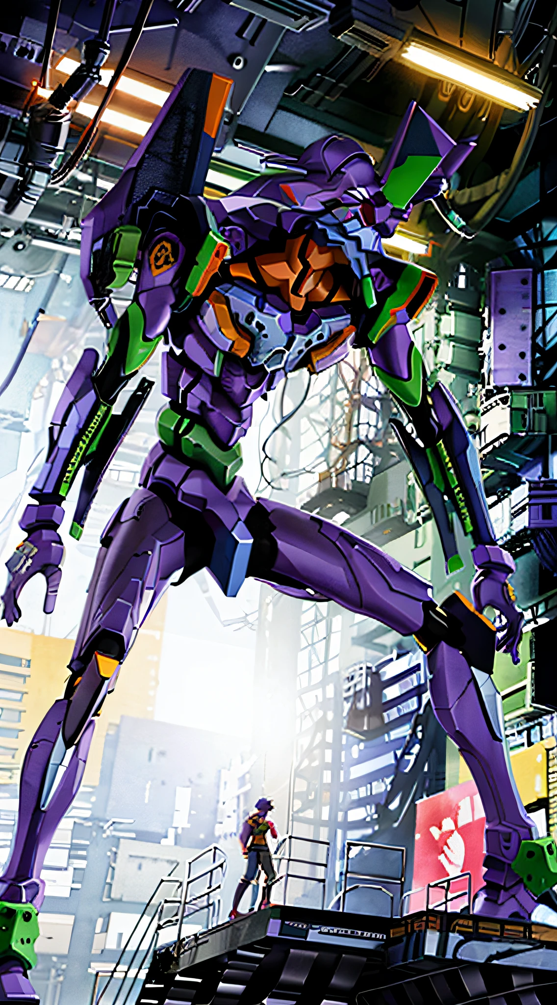 (Eva 01), Eva God, Evangelion Mecha, Science Fiction, Looking at the Audience, 3d Rendering, (Official Art, Best Quality, Masterpiece: 1.2), Illustration, High Resolution, Beautiful Abstract Background, Futurism, Cyberpunk, Intense Angle