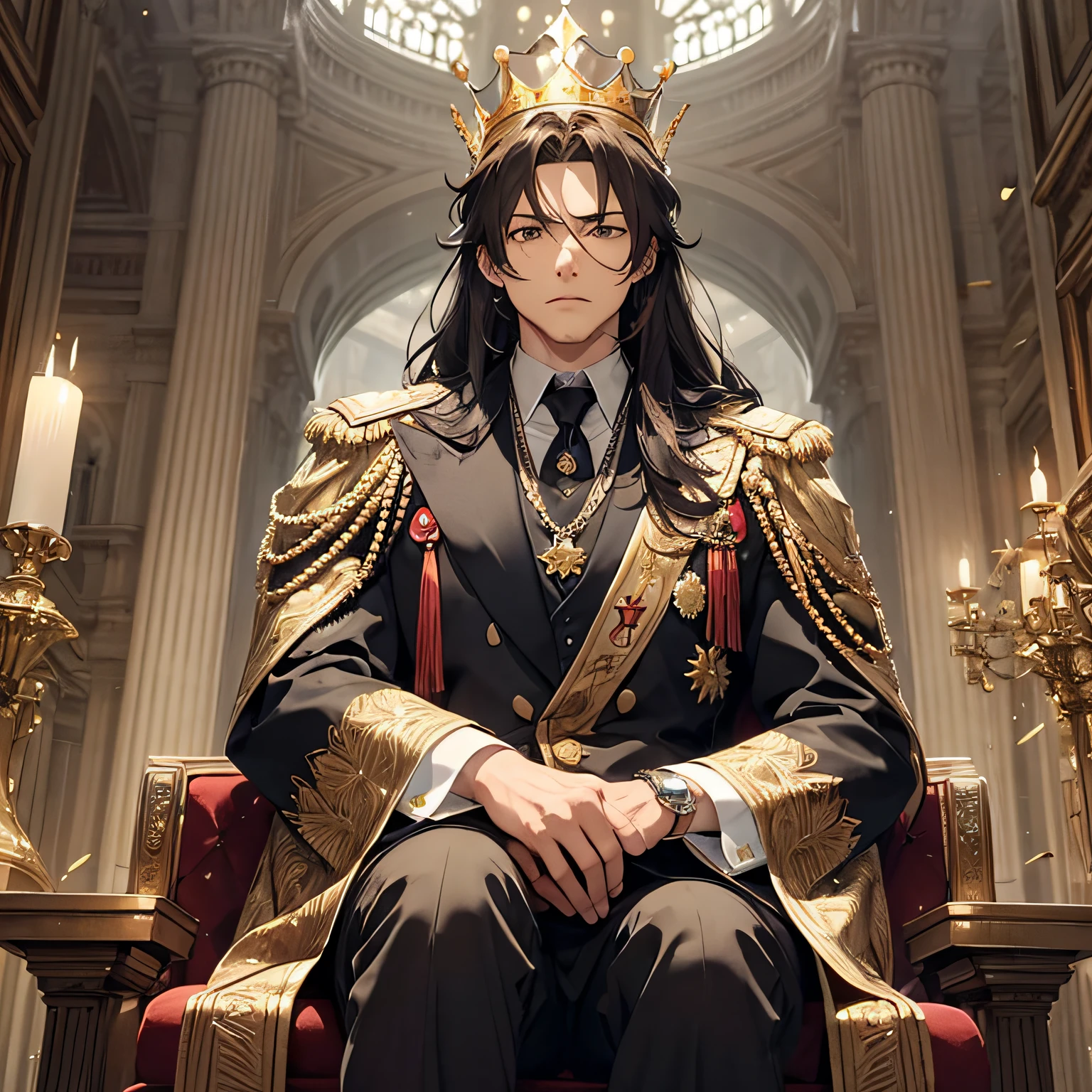 man, brown eyes, brown eyes, long hair, tied, tall and strong man, suit, king, powerful leader, anime, drawing, king, king of the kingdom, long hair tied, hair with brown tips, black suit of a king, crown, crown on head, crown with green and yellow red stones, hair tied, ponytail, hair stuck, strong man sitting on the throne