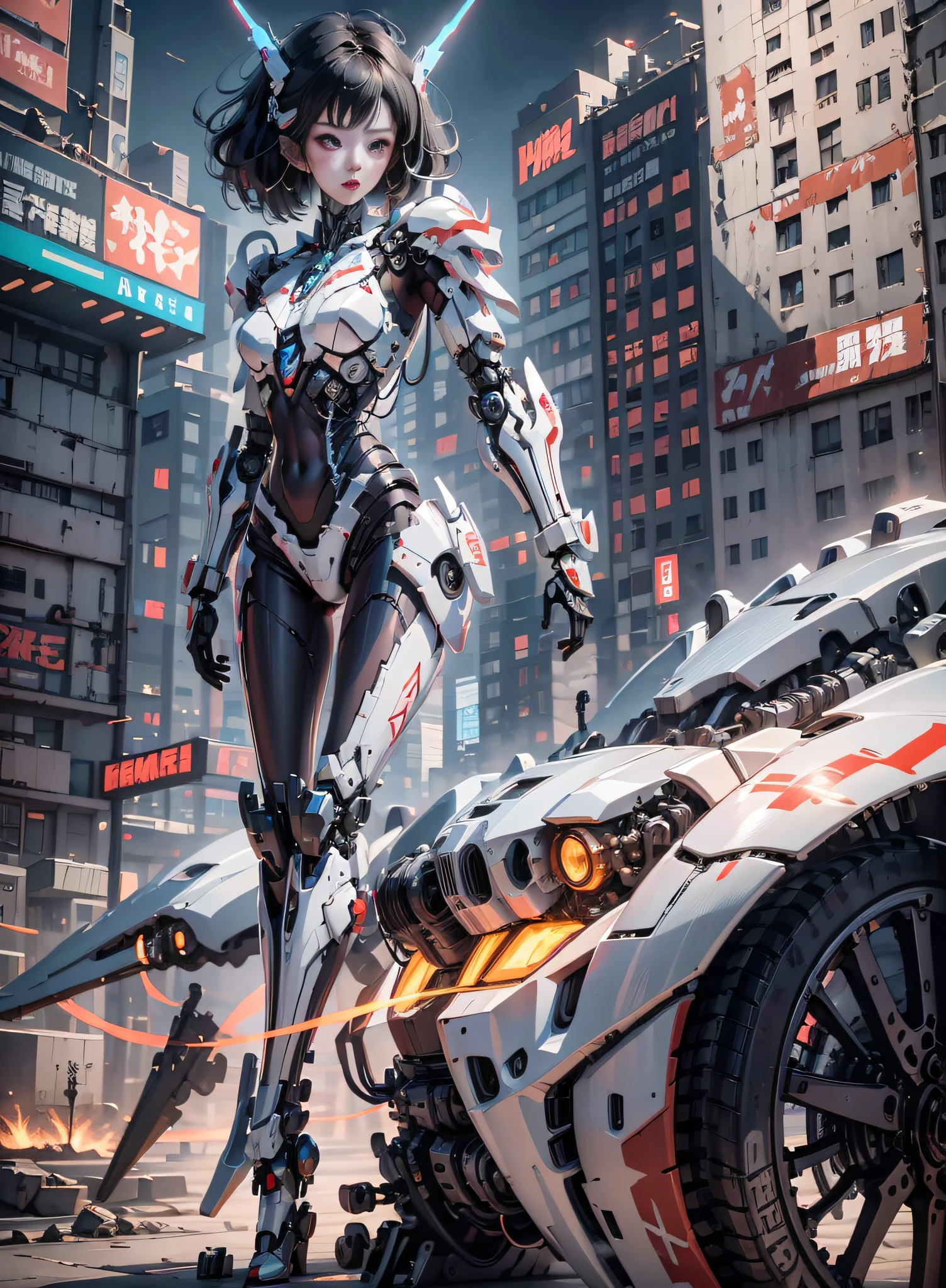 (highly detailed:1.5), (8k), futuristic mecha girl on the cover of a neon-lit science fiction magazine, style (cyberpunk:1.3), wearing an elegant battle suit with bright details, posing sensually, (bold typography:1.2), dynamic composition, vibrant colors, (Akira style:1.1), (inspired by Hajime Sorayama:1.2), full body, details in red, yellow, blue, white, combat position, detailed bikini, futuristic detailed kaneda bike,
