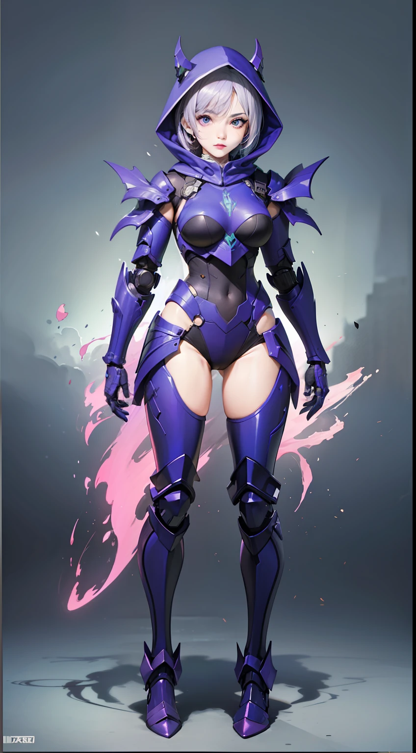 1girl, (((full body, legs))),smoky makeup,dark,black lips, female assassin, Stand, front，(Wearing a hooded scarf, material: fabric),(((Blue and Purple Mechanical Armor)))，((pure black and red gradient background)), (front), ((full body blue mechanical armor)), 8K，sharp shoulders, mechanical breastplate, mechanical arm, mechanical leg ,original painting,ultra-high resolution,realism,extreme,sense of technology,extreme,masterpiece,CG,wallpaper,official art,looking at the camera,battle suit,full body,doll short hair,Purple hair,exquisite face,sharp eyes,watercolor moist lips, big eyes, piercing eyes, big  breasts,