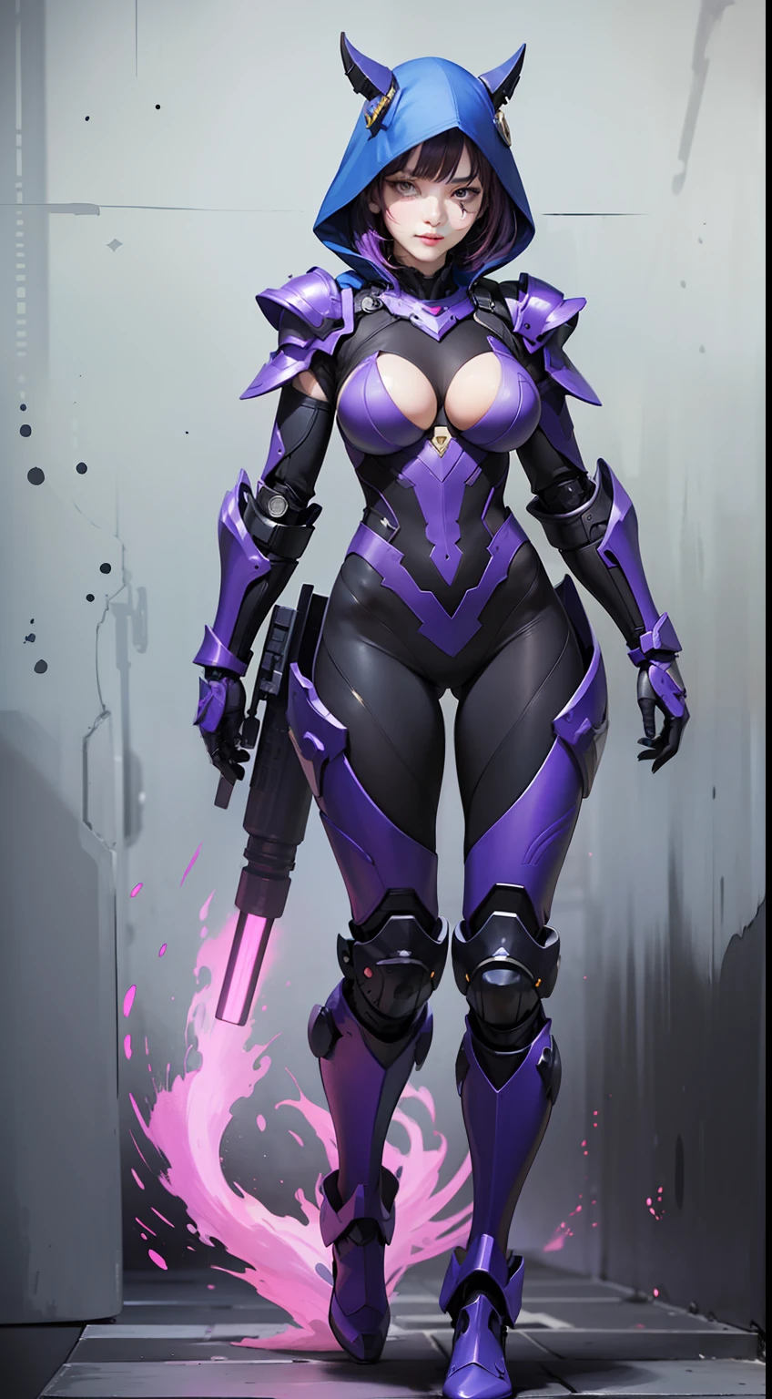 1girl, (((full body, legs))),smoky makeup,dark,black lips, female assassin, Stand, front,(Wearing a hooded scarf, material: fabric),(((Blue and Purple Mechanical Armor))),((pure black and red gradient background)), (front), ((full body blue mechanical armor)), 8K,sharp shoulders, mechanical breastplate, mechanical arm, mechanical leg ,original painting,ultra-high resolution,realism,extreme,sense of technology,extreme,masterpiece,CG,wallpaper,official art,looking at the camera,battle suit,full body,doll short hair,Purple hair,exquisite face,sharp eyes,watercolor moist lips, big eyes, piercing eyes, big breasts,
