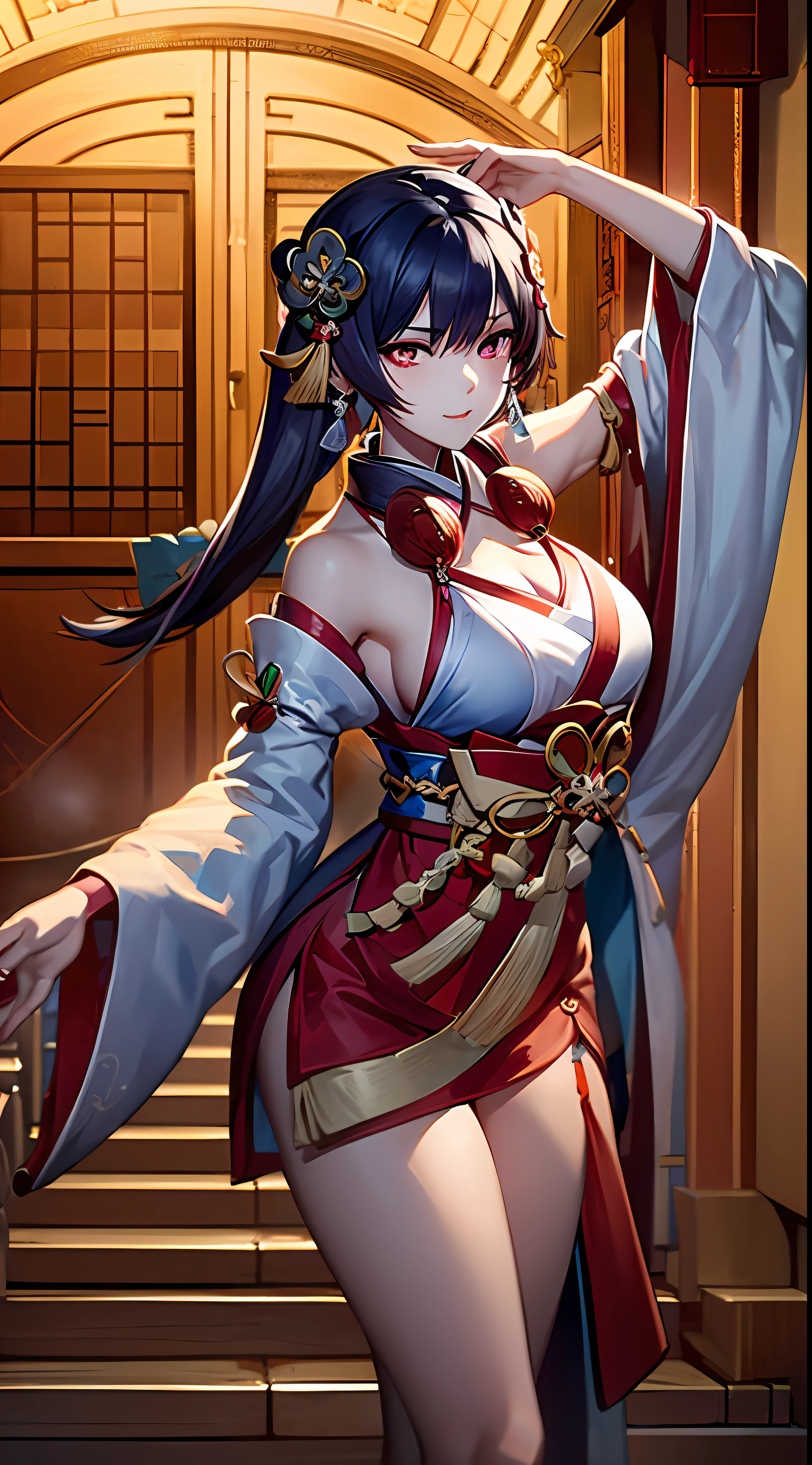 1 girl, onmyoji, in a temple, best quality, ((dancing)), ultra beautiful, glitering, dust in the air, dreammy, ultra realistic, slightly opened eyes