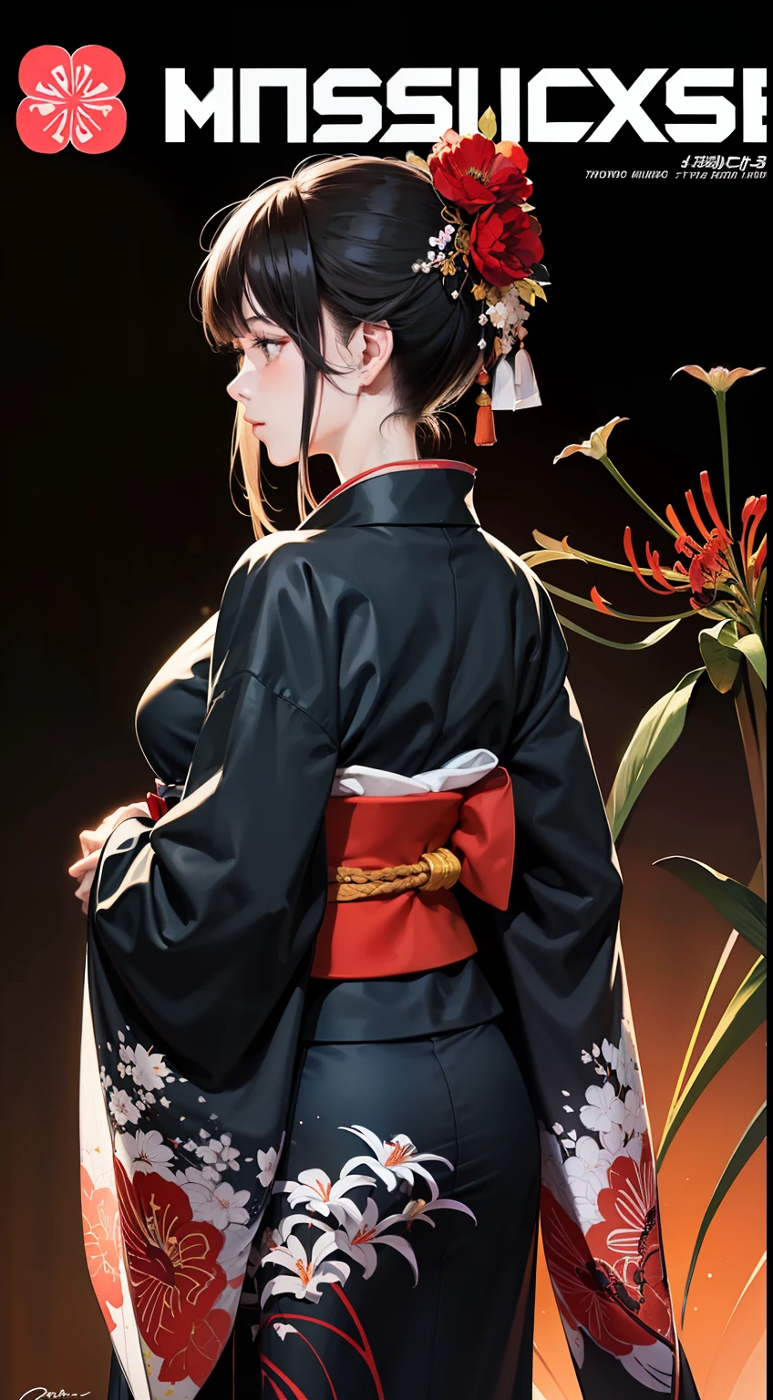 (masterpiece, best quality:1.4), illustrations, (solo:1.2), (original), (very detailed wallpaper), photographic reality, (ultra detailed:1.4), (super complex details), (Magazine cover girl:1.3), (black hair), adorned with (red flower:1.2) accents, specifically (spider lilies:1.2). Their long hair cascades from behind, complementing the simple, black background. They are dressed in a captivating black kimono with a (floral print:1.2), featuring long sleeves and a see-through print kimono. The subject has (red nails:1.1) and wears nail polish, exuding elegance in their Japanese clothes, including an obi sash. They are facing away, showcasing a self-hug pose with crossed arms and a (cowboy shot:1.1) composition, revealing their nape. The cover should include an (artist signature:1.1), and (light particles:1.1) should add a touch of magic to the scene. The overall style should be sophisticated and enchanting, with a focus on traditional Japanese fashion, and the kimono being the centerpiece.