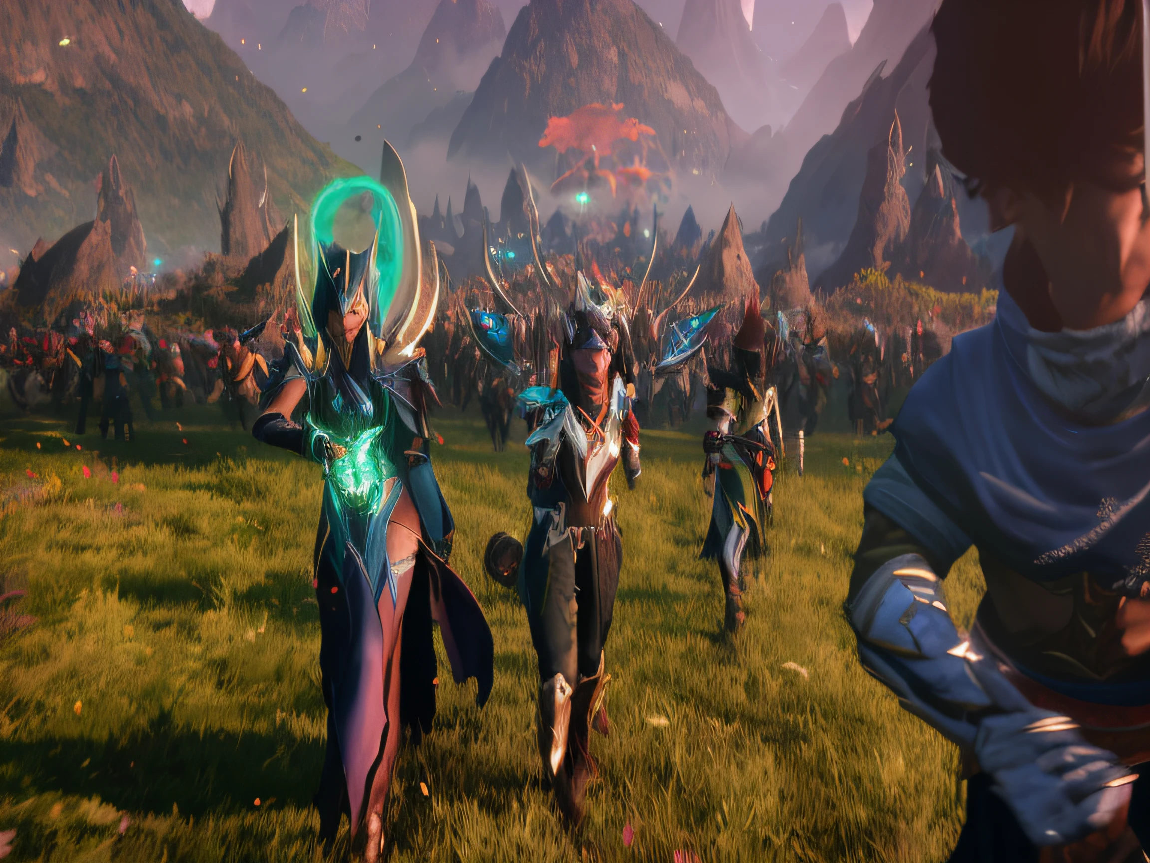 arafed image of a group of people in a field with a mountain in the background, <mmorpgs scene, unreal engine fantasy art, mmorpg fantasy, mmorpg gameplay, 4 k detail fantasy, fantasy style 8 k octane render, amazing mmorpg, fantasy mmo, artgerm julie bell beeple, asgard rising, stunning arcanum backdrop