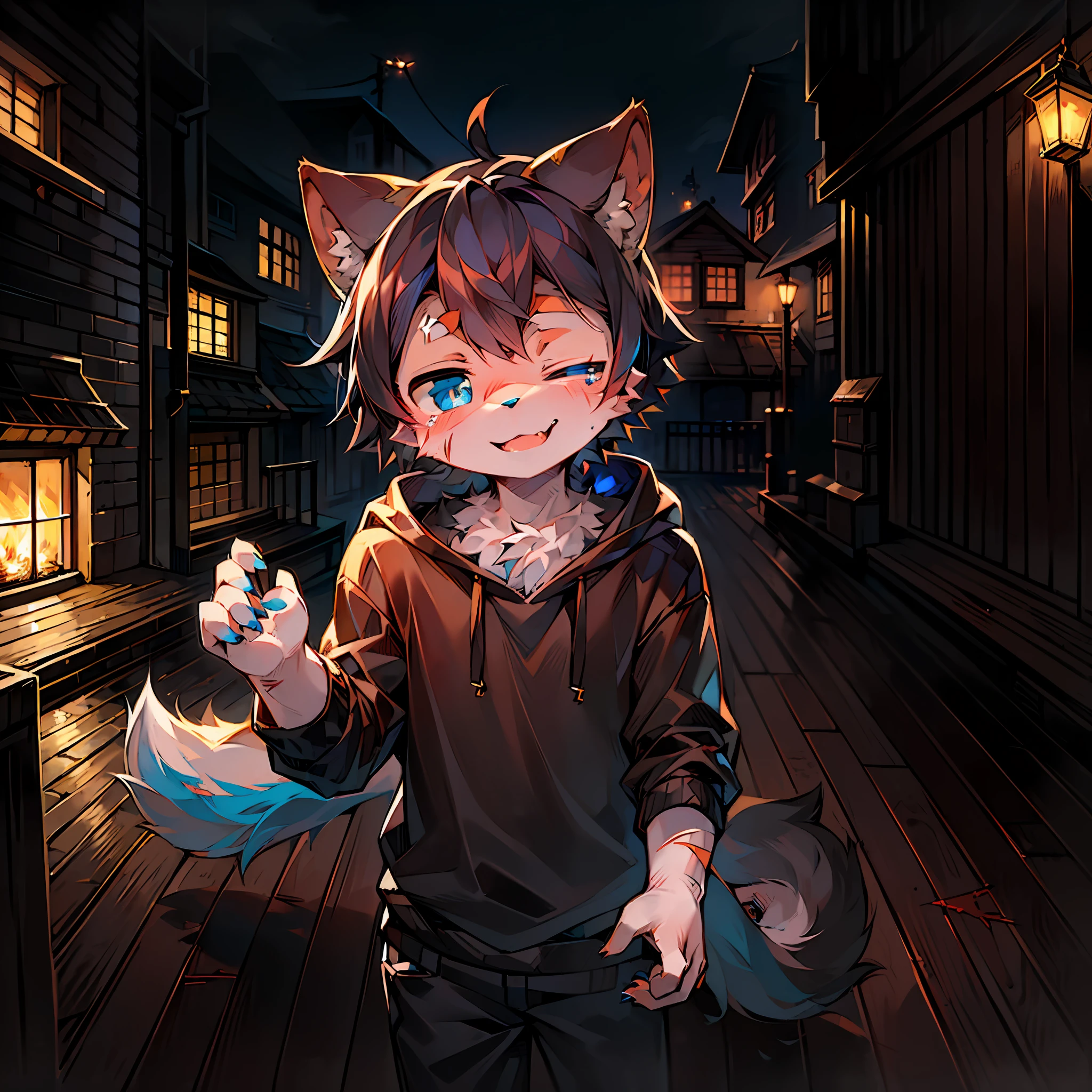 (Dark Environment: 0.8), Masterpiece, High Quality, Abstract Res, Digital Painting\(artwork\), by Dagasi, Yupa, Kiyosan, (Anthro, Fluffy Fur, Character Focus: 1.1), Anthro Male Cat, Short Hair, Portrait , bright eyes, panorama, character focus. (Detailed background: 0.7), Solo, Furry, Furry Young Male, Male Focus, Anthr, (Full body fur, Fluffy tail, Black-gray fur, Blue eyes, Gray-black hair: 1.2), (Long canids, wolves) (left eye closed) (scar on left eye) (Blue right eye) (16 years old) (wearing black sweatshirt)