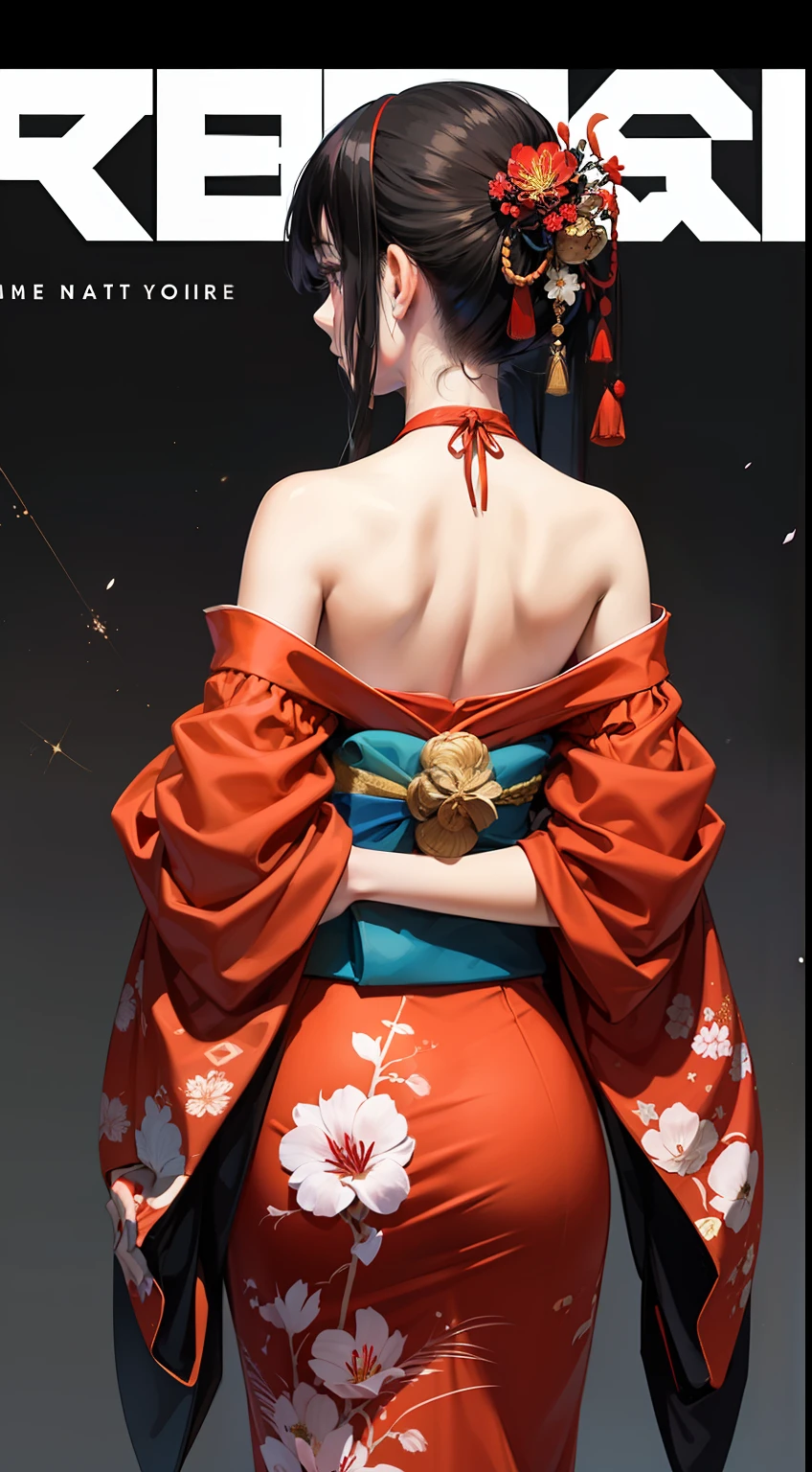 (masterpiece, best quality:1.4), illustrations, (solo:1.2), (original), (very detailed wallpaper), photographic reality, (ultra detailed:1.4), (super complex details), (Magazine cover girl:1.3), (black hair), adorned with (red flower:1.2) accents, specifically (spider lilies:1.2). Their long hair cascades from behind, complementing the simple, black background. They are dressed in a captivating black kimono with a (floral print:1.2), featuring long sleeves and a see-through print kimono. The subject has (red nails:1.1) and wears nail polish, exuding elegance in their Japanese clothes, including an obi sash. They are facing away, showcasing a self-hug pose with crossed arms and a (cowboy shot:1.1) composition, revealing their nape. The cover should include an (artist signature:1.1), and (light particles:1.1) should add a touch of magic to the scene. The overall style should be sophisticated and enchanting, with a focus on traditional Japanese fashion, and the kimono being the centerpiece.