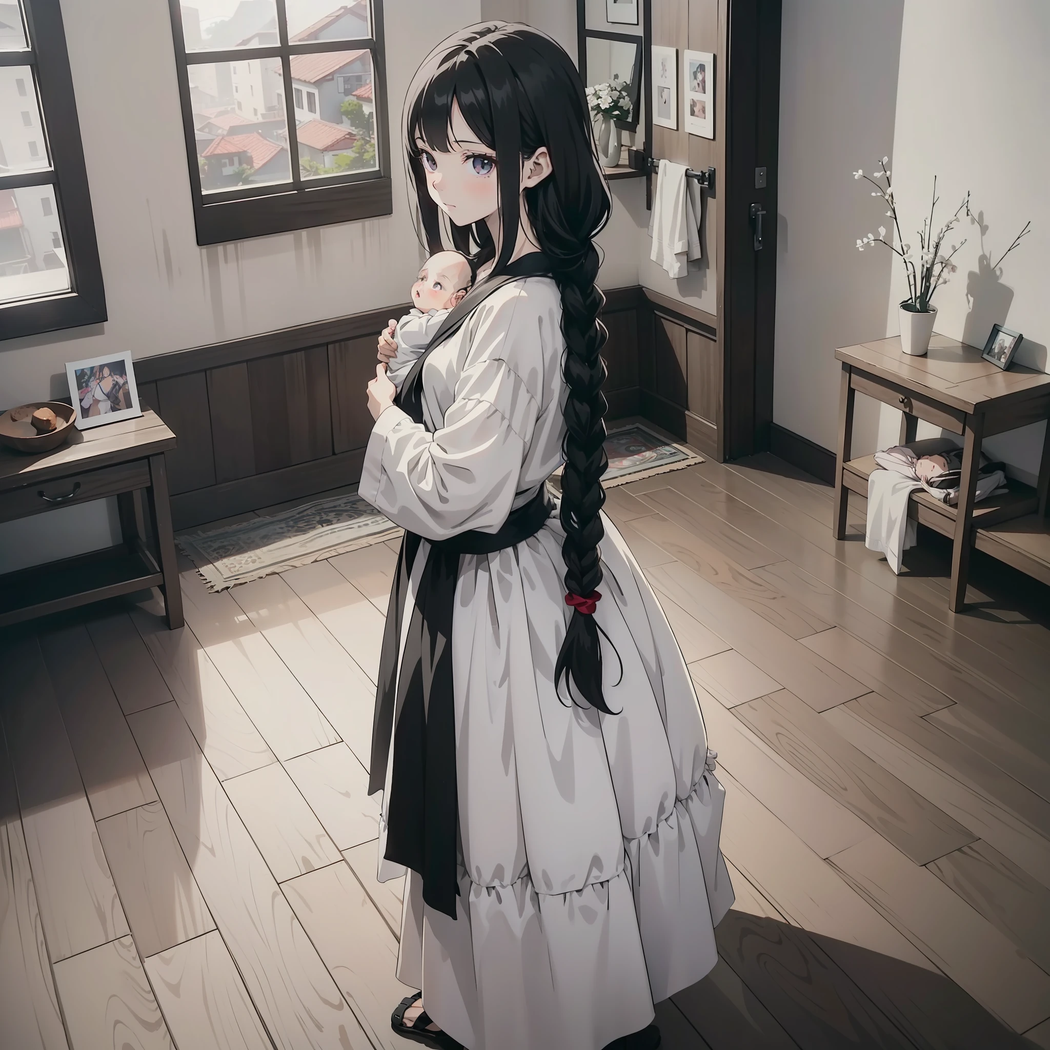 A woman in a white shirt with long black braided hair stands in a simple room in the village, holding a baby and looking at the camera (head touch action 1.3) (full body display 1.5) (girl 1.8) (cinematic lighting 1.5) (master masterpiece: 1.4), hyper detail, anime style 4 K, anime rendering, anime style. 8k,