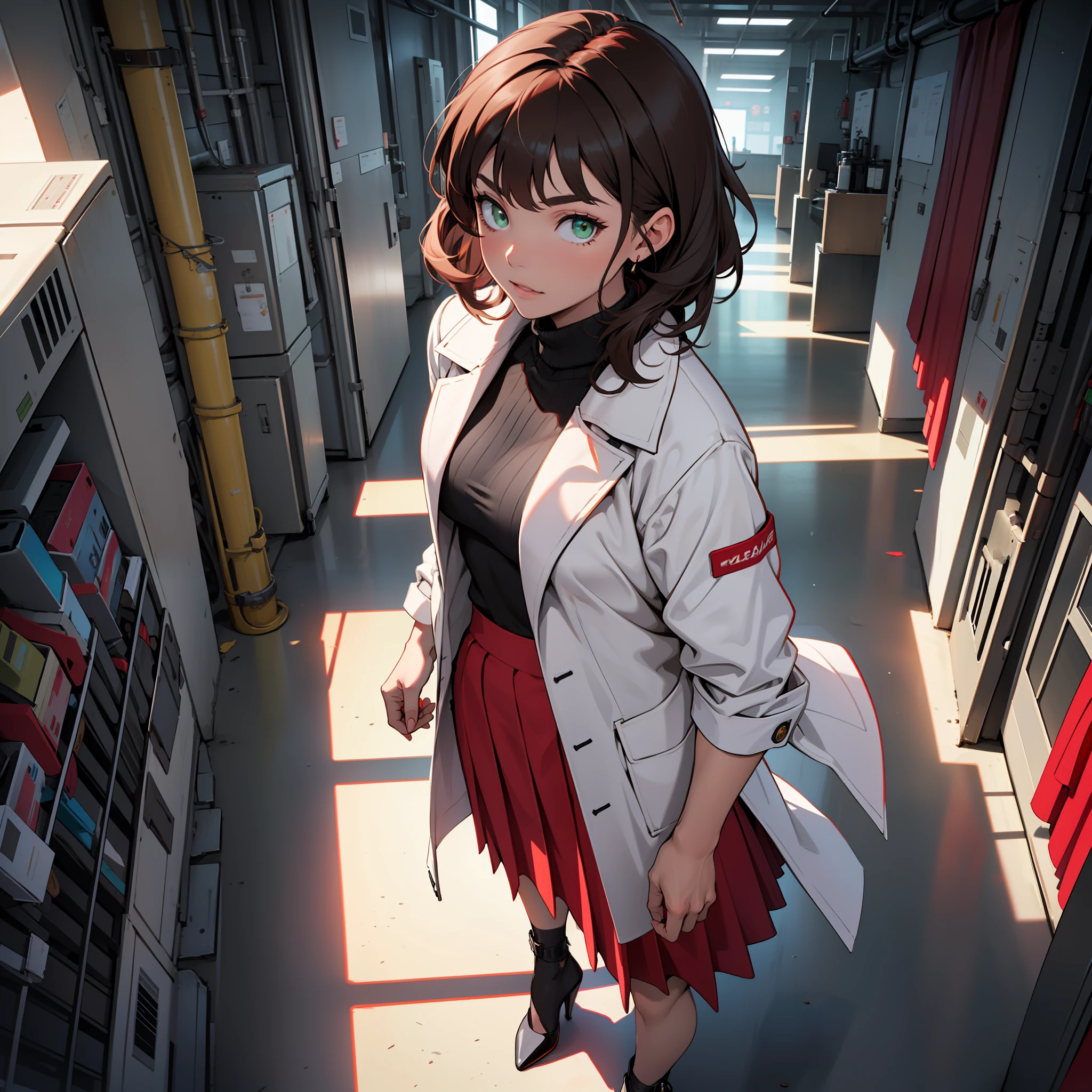 Best Category - Fashion Photography: (from above), 1girl, solo, mature female, dressed in a stylish (black turtleneck:1.2) and a vibrant (red hobble skirt:1.4), styled with a crisp white lab coat, Black high heels, have green eyes with brown brunette hair, in futuristic laboratory, brilliant, smart, calming figure, (look at viewer)