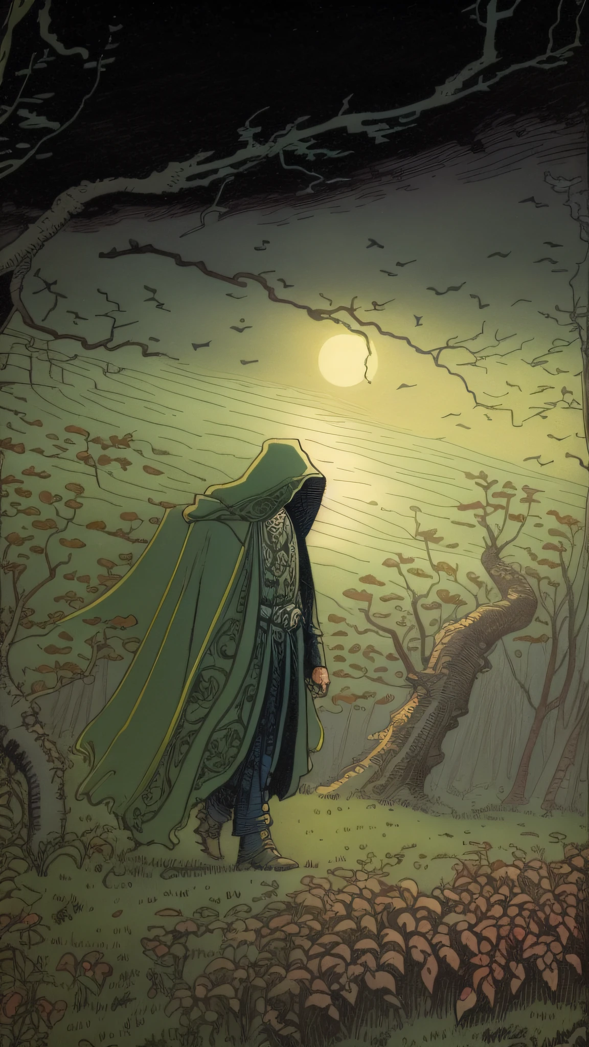 Night, fog, darkness, drawing of a man wearing hood and cape, walking in a forest, moonlight, inspired by Alan Lee, inspired by Charles Vess, inspired by John Howe, style of alan lee and john howe, detailed brush, inspired by Gustave Doré, inspired by Gustave Dore, inspired by Ian Miller, in the style of alan lee,  a sinister fantasy illustration, John Howe style, highly detailed, flowers and trees arounddrawing of a man wearing hood and cape, walking at night in a forest, moonlight, night scene, inspired by Alan Lee, inspired by Charles Vess, inspired by John Howe, style of alan lee and john howe, detailed brush, inspired by Gustave Doré,  inspired by Gustave Dore, inspired by Ian Miller, in the style of alan lee, a sinister fantasy illustration, style of john howe, highly detailed, flowers and trees around