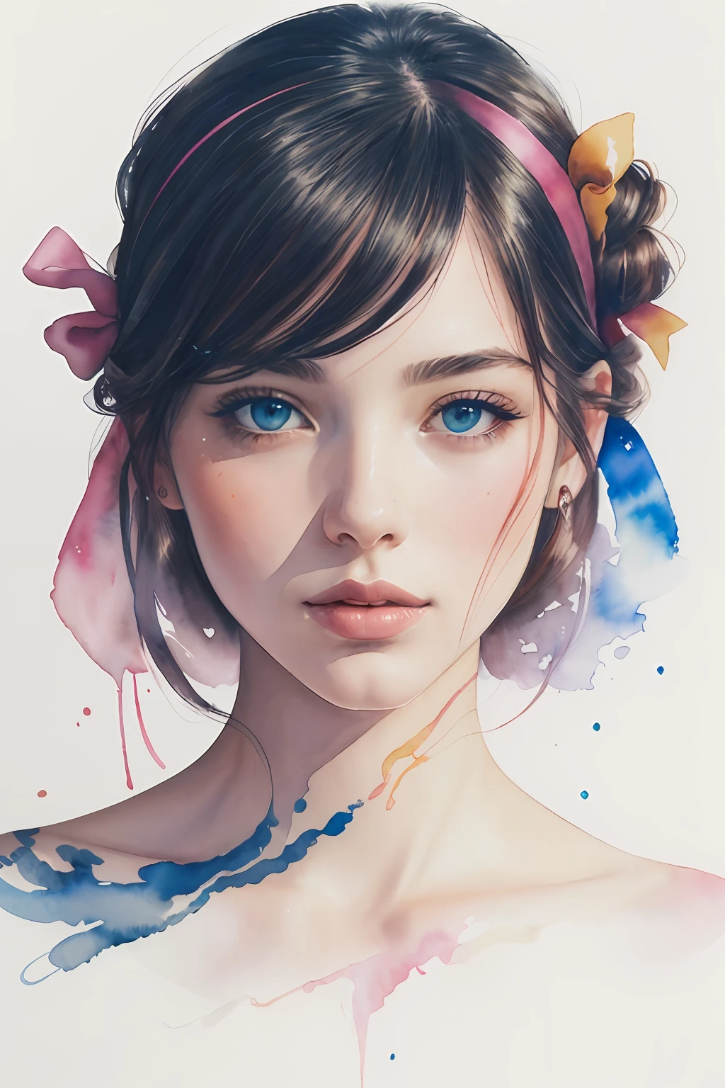 (8k, best quality, masterpiece:1.2),(best quality:1.0), (ultra highres:1.0), watercolor, a beautiful woman, shoulder, hair ribbons, by agnes cecile, half body portrait, extremely luminous bright design, pastel colors, (ink:1.3), autumn lights
