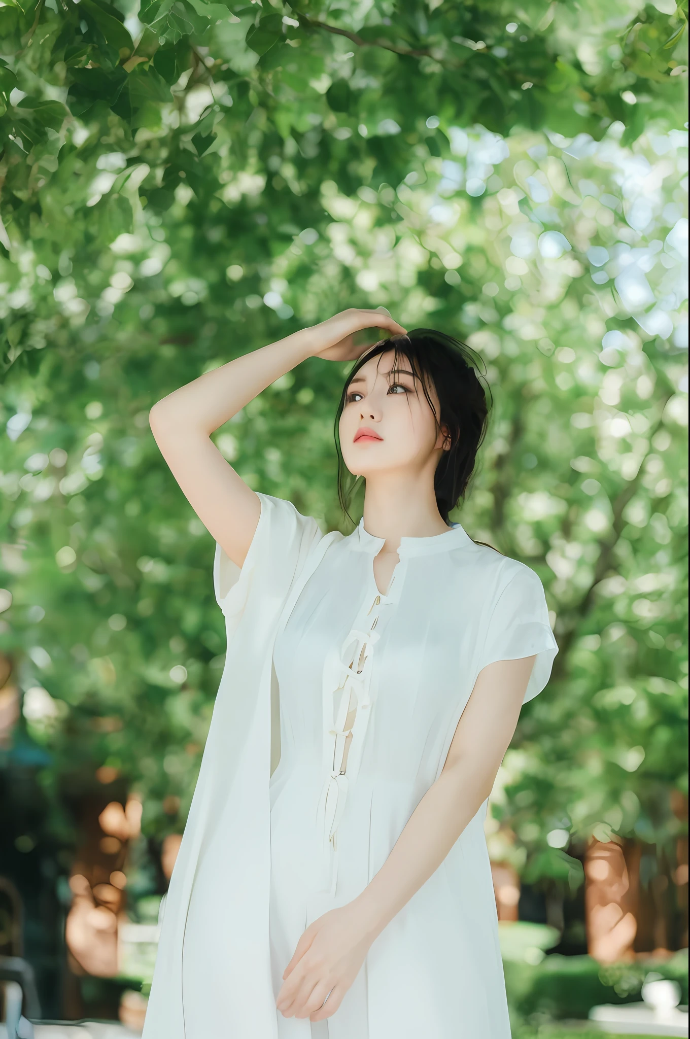 Best quality, 8k, 32k, masterpiece, UHD: 1.2), big boobs, big breasts, 1 woman, 22 years old, very beautiful slim legs, wearing silk clothes, very beautiful slender legs, light milky porcelain skin, seaside, milky skin, slender legs, beautiful slim legs, white clothes, pink clothes, silk clothes, under the shade trees