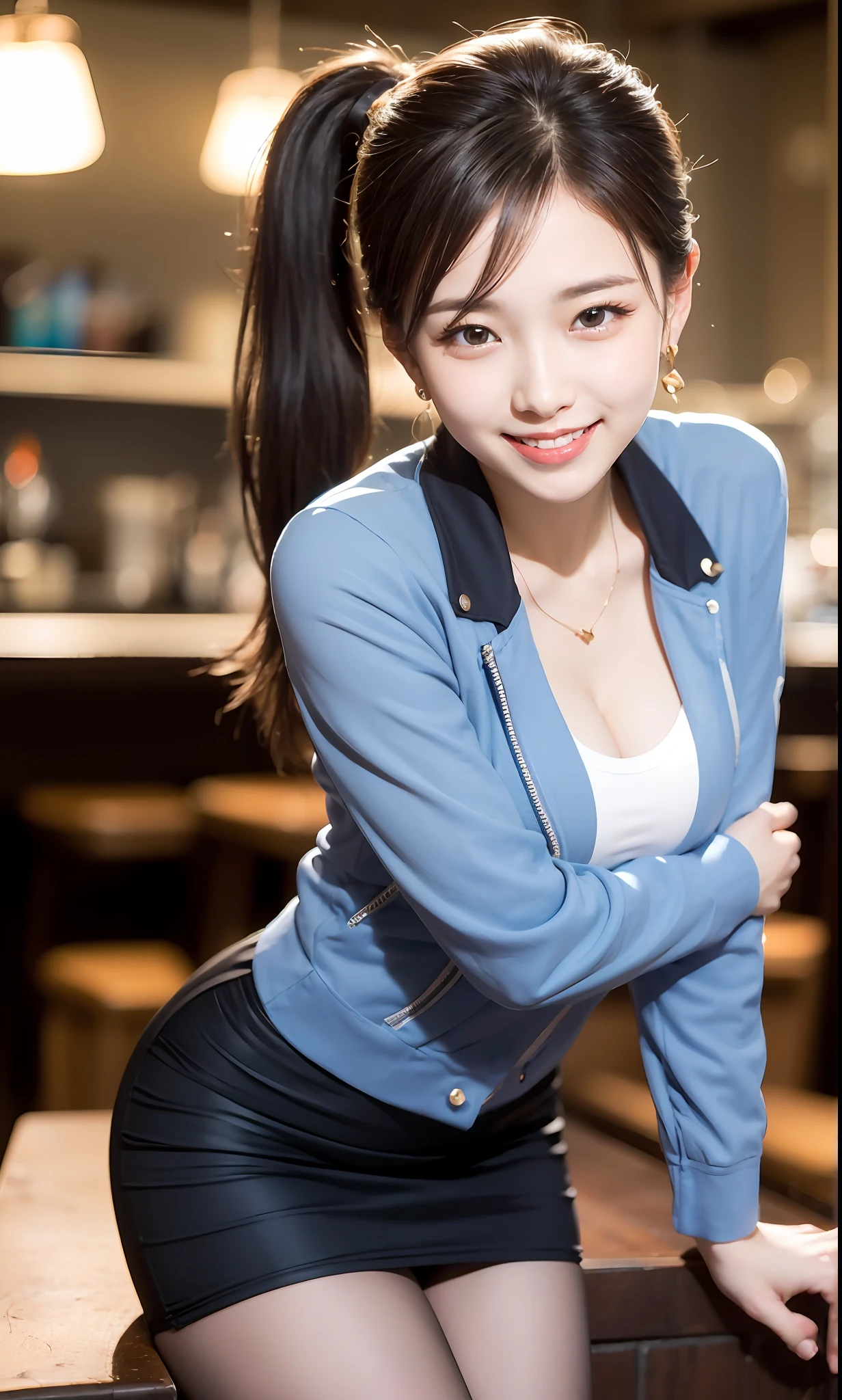 Delicate, Masterpiece, Beautiful Detail, Colorful, Fine Detail, Detail, Detail, Big Breasts, 1 Woman, (20 Year Old Beautiful Korean Woman: 1.1), (KPOP Idol, Korean Mix), (50mm Sigma f/1.4 ZEISS Lens, F1.4, 1/800s, ISO 100, Photo: 1.1), (Ponytail + Blonde: 1.2), Realistic: 1.4), (Spy: 1.2), (dark blue open jacket, shirt, skirt, tie, black pantyhose, Christian Louboutin \ (brand\): 1.3), earrings, necklace, armlets, (tavern: 1.2), (beautiful legs, tall woman, skinny, slim legs, thigh gap, model: 1.2), lens flare, happy smile from the front: 1.1), Dynamic pose, (make: 1.2), sitting on bar stools, Nogizaka idol, Korean idol, actress, gravure idol, armpit, arms crossed, android