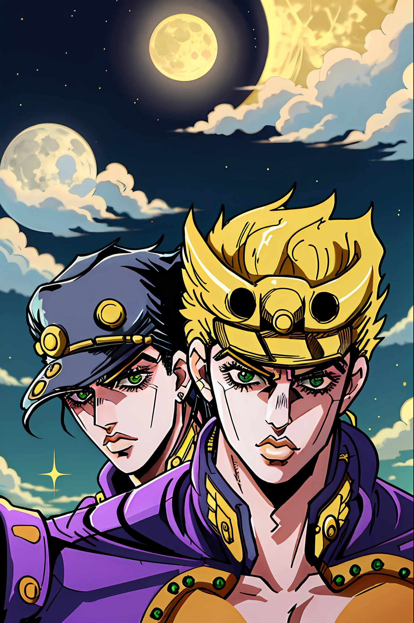 /(Jotaro)/ /(Dio)/ /(c-moon)/ + /(The world)/ Jotaro in the background, Dio in front of him, the world and c-moon come together in 1