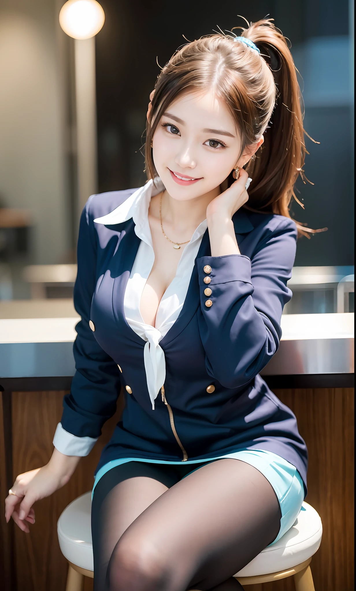 Delicate, Masterpiece, Beautiful Detail, Colorful, Fine Detail, Detail, Detail, Big Breasts, 1 Woman, (20 Year Old Beautiful Korean Woman: 1.1), (KPOP Idol, Korean Mix), (50mm Sigma f/1.4 ZEISS Lens, F1.4, 1/800s, ISO 100, Photo: 1.1), (Ponytail + Blonde: 1.2), Realistic: 1.4), (Spy: 1.2), (dark blue open jacket, shirt, skirt, tie, black pantyhose, Christian Louboutin \ (brand\): 1.3), earrings, necklace, armlets, (tavern: 1.2), (beautiful legs, tall woman, skinny, slim legs, thigh gap, model: 1.2), lens flare, happy smile from the front: 1.1), Dynamic pose, (make: 1.2), sitting on bar stools, Nogizaka idol, Korean idol, actress, gravure idol, armpit, arms crossed, android