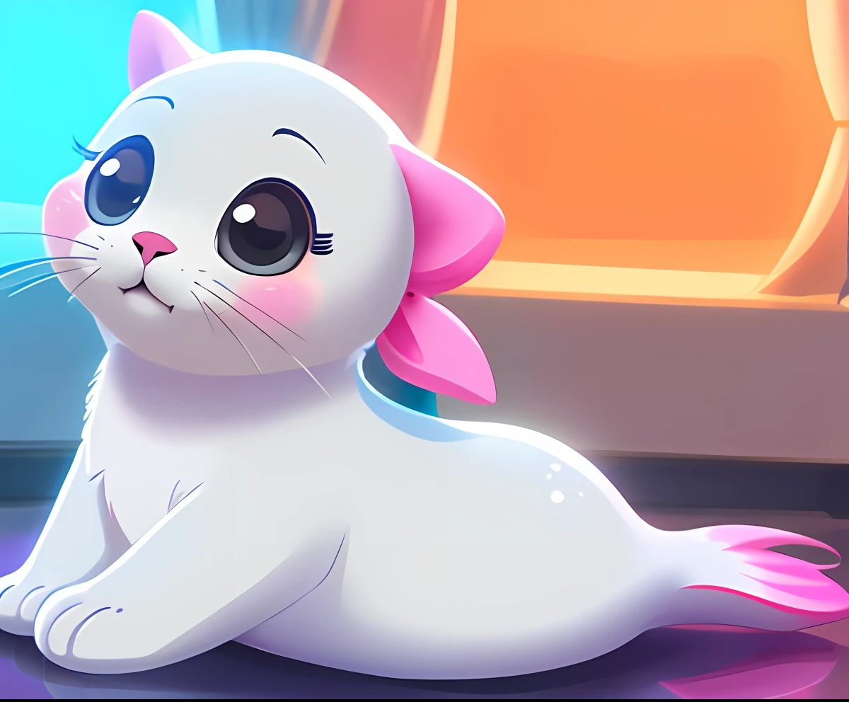 Seal (baby) female, no ears, with big eyes, cuddly, light gray body coat, white face coat, with pink bow on neck, with rear fins, no wearing clothes, 2D, best quality, 4K, Disney drawings style, good lighting --auto