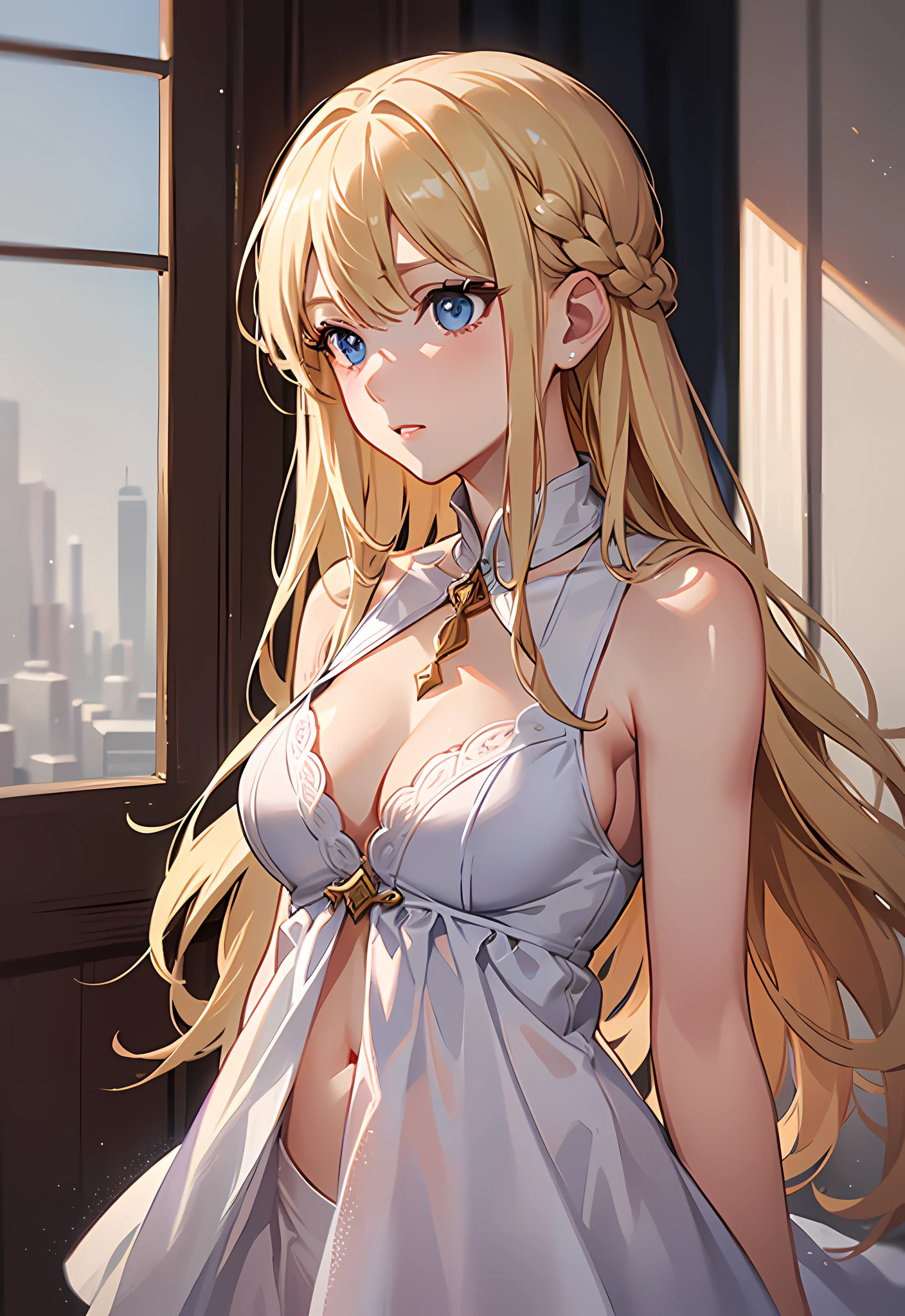 (((high detail))), best quality, 1girl, goddess, blonde long hair, white sleeveless dress, arms down, waist shot, gentle face expression