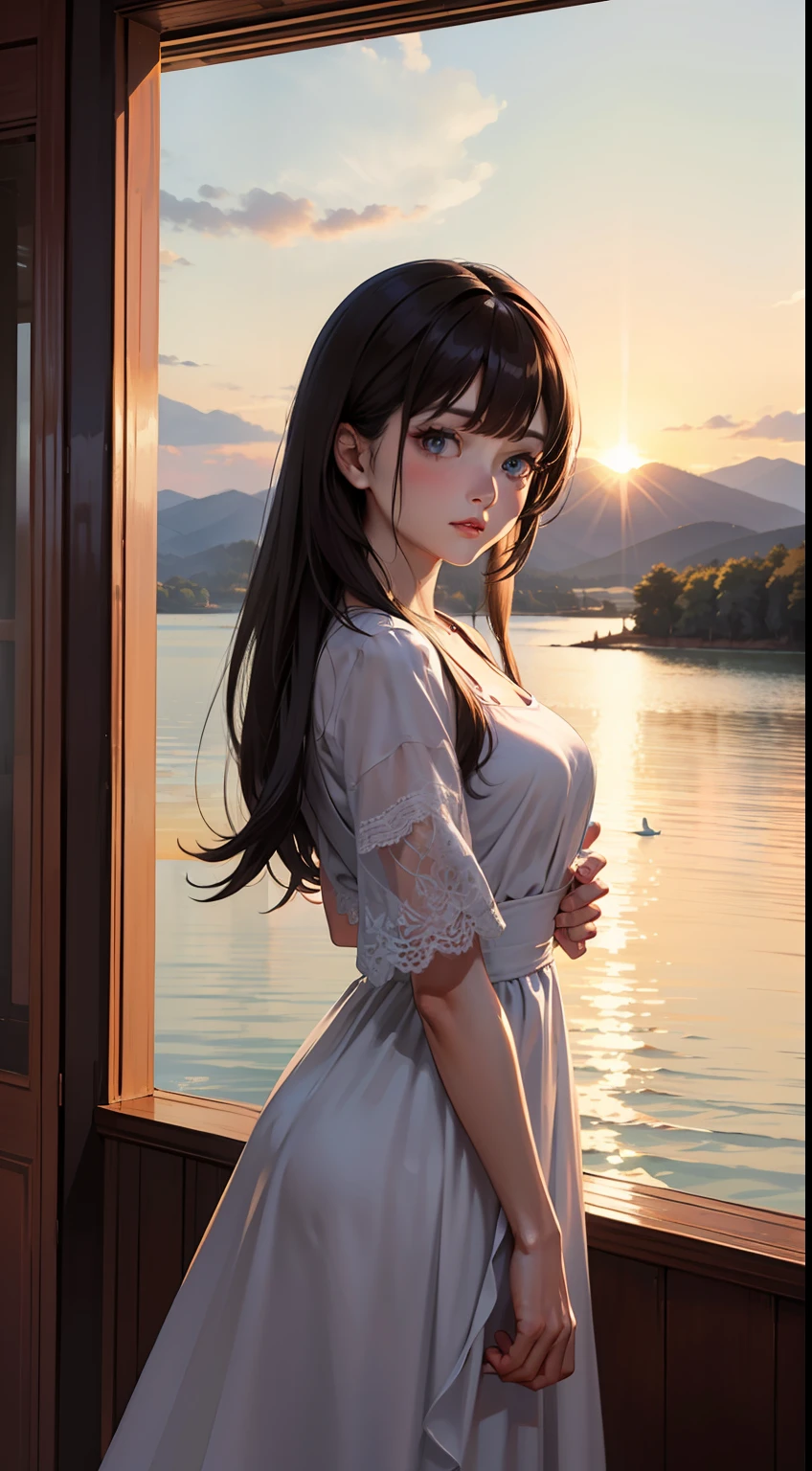 1 girl, serene expression, mesmerizing eyes, straight long hair, flowing dress, poised posture, porcelain skin, subtle blush, crystal pendant
BREAK
golden hour, (rim lighting):1.2, warm tones, sun flare, soft shadows, vibrant colors, painterly effect, dreamy atmosphere
BREAK
scenic lake, distant mountains, willow tree, calm water, reflection, sunlit clouds, peaceful ambiance, idyllic sunset, ultra detailed, official art, unity 8k wallpaper
, zentangle, mandala