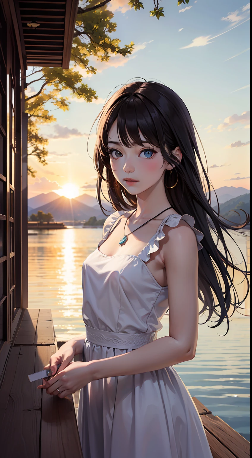1 girl, serene expression, mesmerizing eyes, straight long hair, flowing dress, poised posture, porcelain skin, subtle blush, crystal pendant
BREAK
golden hour, (rim lighting):1.2, warm tones, sun flare, soft shadows, vibrant colors, painterly effect, dreamy atmosphere
BREAK
scenic lake, distant mountains, willow tree, calm water, reflection, sunlit clouds, peaceful ambiance, idyllic sunset, ultra detailed, official art, unity 8k wallpaper
, zentangle, mandala