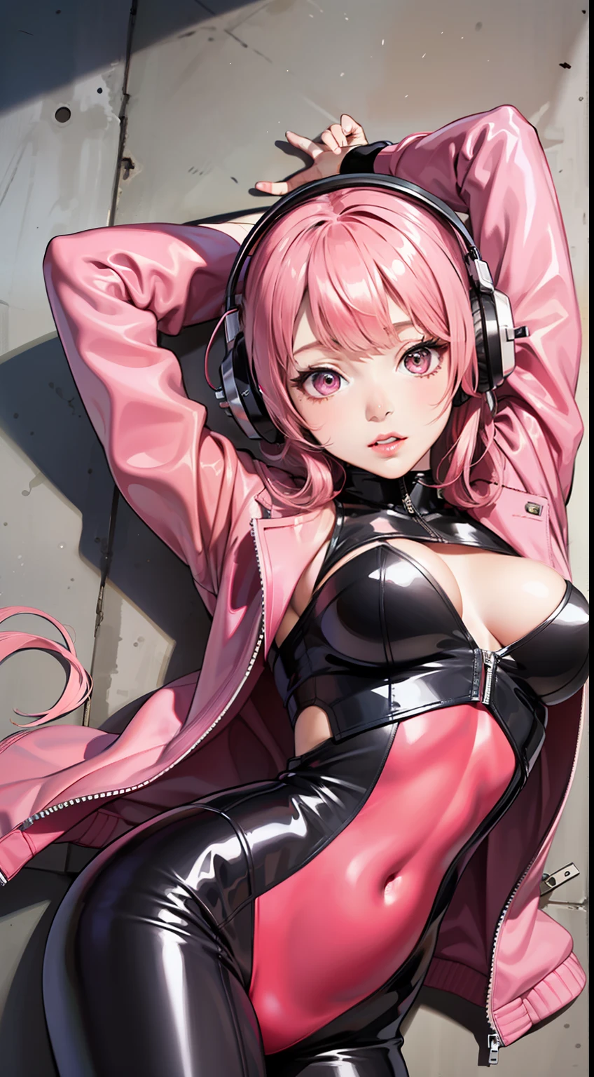 1girl, arms up, bangs, bodysuit, breasts, covered navel, cropped jacket, gloves, headphones, impossible bodysuit, jacket, large breasts, long hair, long sleeves, looking at viewer, lying, medium breasts, on back, parted lips, pink bodysuit, pink eyes, pink hair, puffy sleeves, red jacket, shrug \(clothing\), skin tight, solo, twintails,alice \(nikke\),(masterpiece:1.4),(best quality:1.4),(shiny skin),realistic