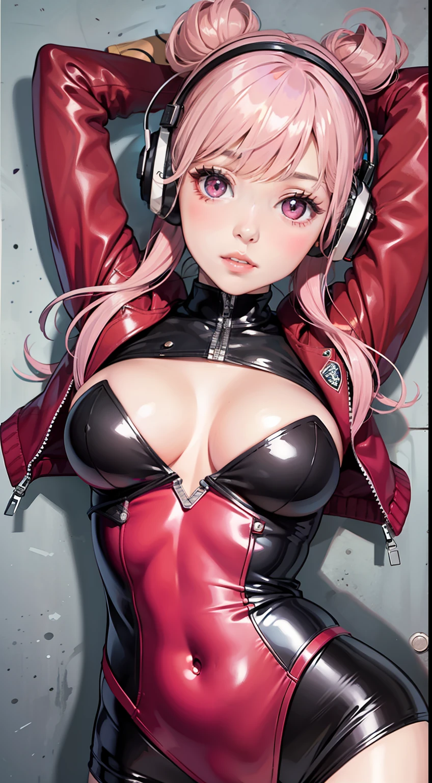 1girl, arms up, bangs, bodysuit, breasts, covered navel, cropped jacket, gloves, headphones, impossible bodysuit, jacket, large breasts, long hair, long sleeves, looking at viewer, lying, medium breasts, on back, parted lips, pink bodysuit, pink eyes, pink hair, puffy sleeves, red jacket, shrug \(clothing\), skin tight, solo, twintails,alice \(nikke\),(masterpiece:1.4),(best quality:1.4),(shiny skin),realistic