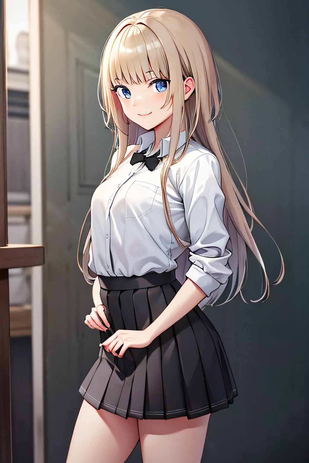 masterpiece, Best quality, High Definition, KR1, Blue eyes, Smile,Bangs, White shirt, Black skirt, Standing with finger prick, Pleated skirt, Socks, Small tits, Blonde, Cowboy shot,