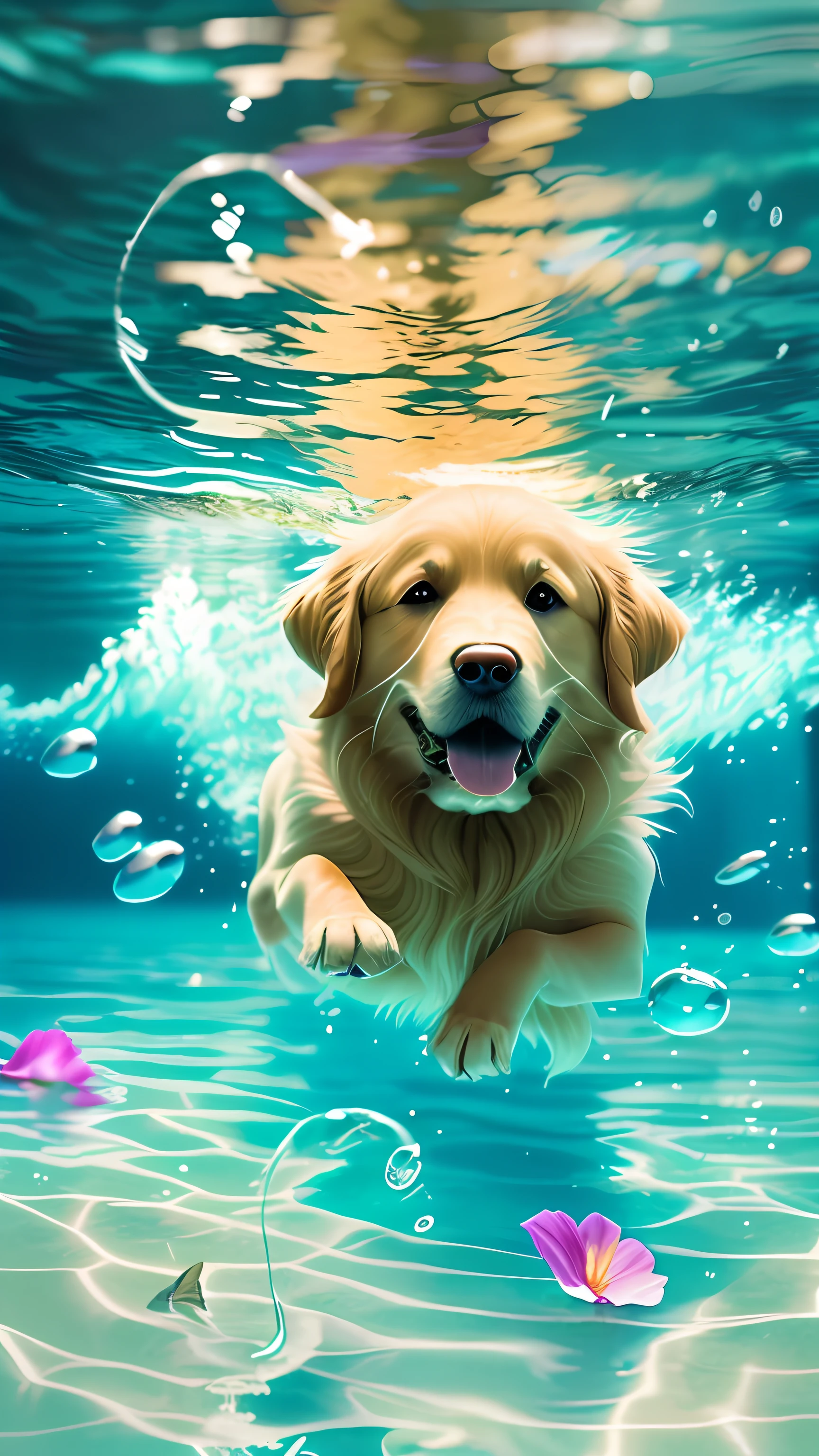 (swimming and diving in the sea), beautiful portrait in realistic style, oil painting, surrealism, ((1 golden retriever)), ((sur-detailed dog head)), diving in crystal clear water, colorful petals falling, vibrant reflections, elegant movement, light blue background, soft waves, aquatic nuances, beautiful digital illustrations, Guvez style artwork, close-up fantasy and water magic, kodak Portra 400, natural light, intricate details, surreal photography, film, cinema, surreal detail, Ultra HD, color correction, HDR, color grading, ultra-realistic CG animation, no humans