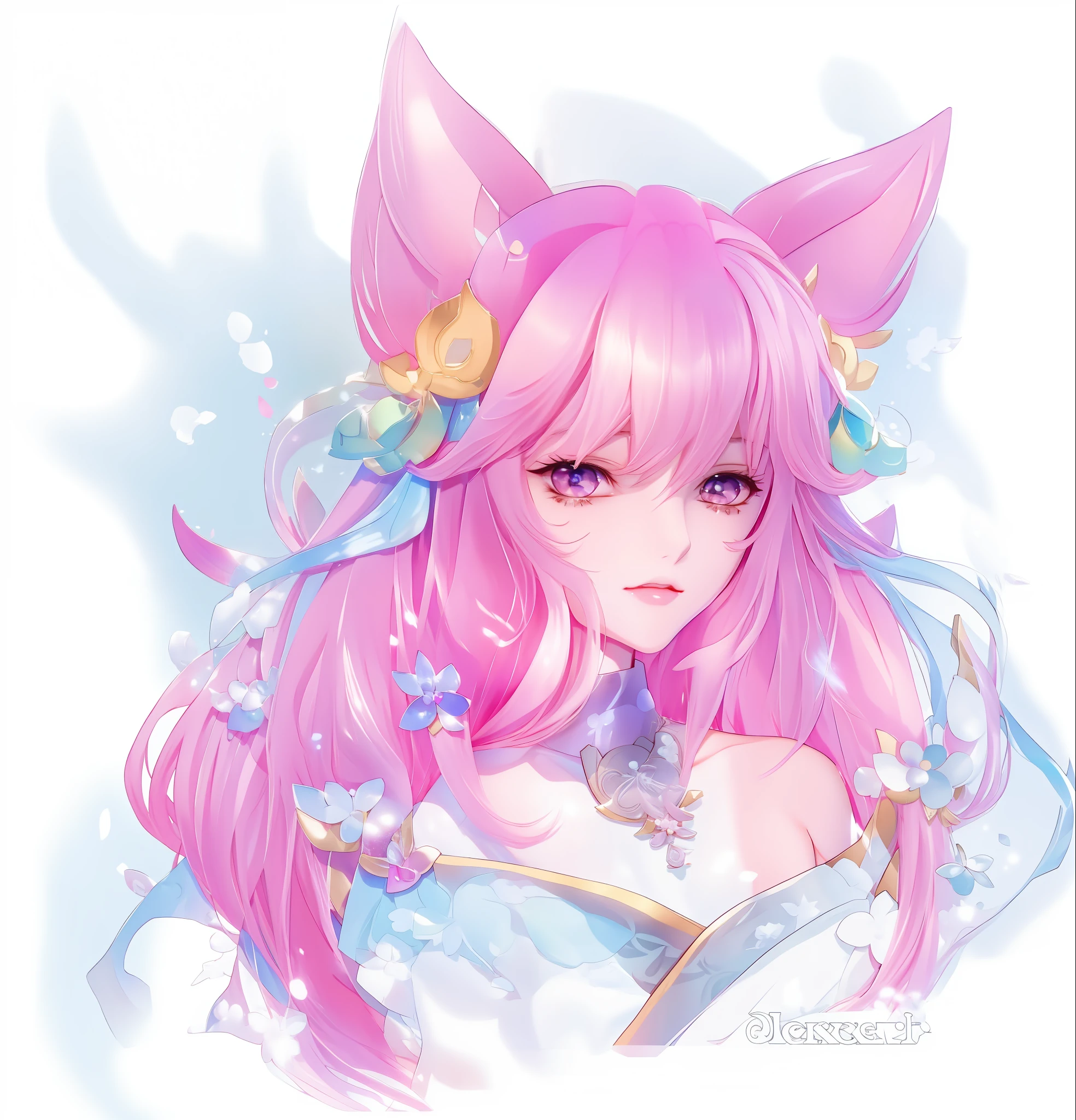 a drawing of a woman with pink hair and a cat ears, portrait of ahri, ahri, beautiful anime catgirl, seraphine ahri kda, very beautiful anime cat girl, ahri from league of legends, anime in fantasy style, pink twintail hair and cyan eyes, anime catgirl, beautiful anime art style, cute anime catgirl