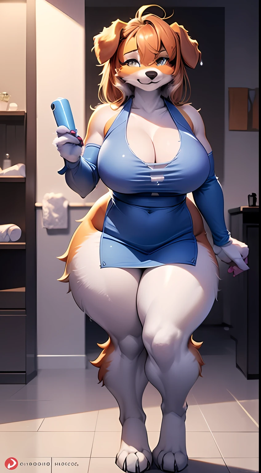 (anthro, fluffy fur, character focus:1.1), 1girl, anthro dog girl, body fur, solo, medium breasts, (thick thighs:0.3), curvy,taking shower (blue_clothes)