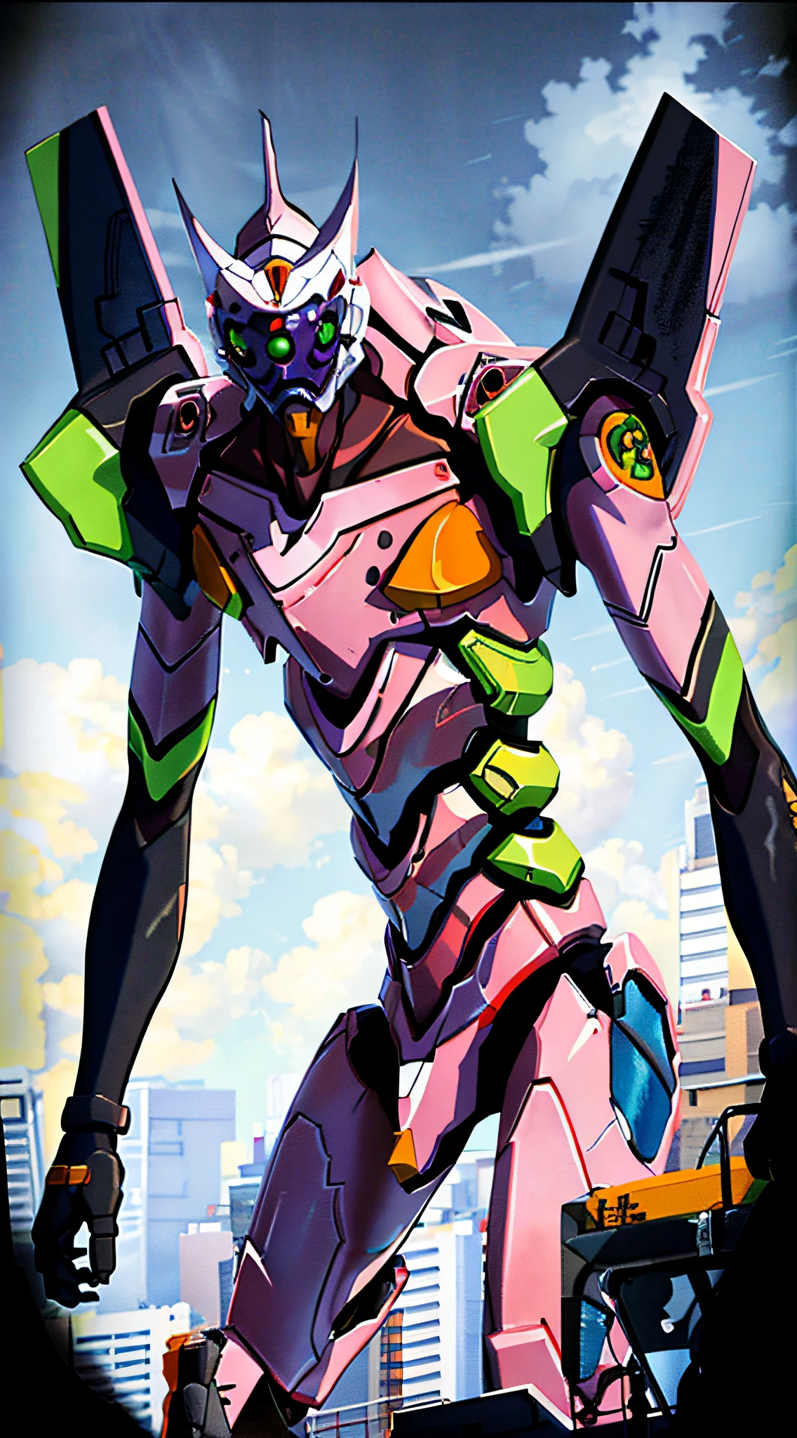 (Eva 06), Eva God, Evangelion Mecha, Science Fiction, Looking at the Audience, 3d Rendering, (Official Art, Best Quality, Masterpiece: 1.2), Illustration, High Resolution, Beautiful Abstract Background, Futuristic, Cyberpunk, Intense Angle