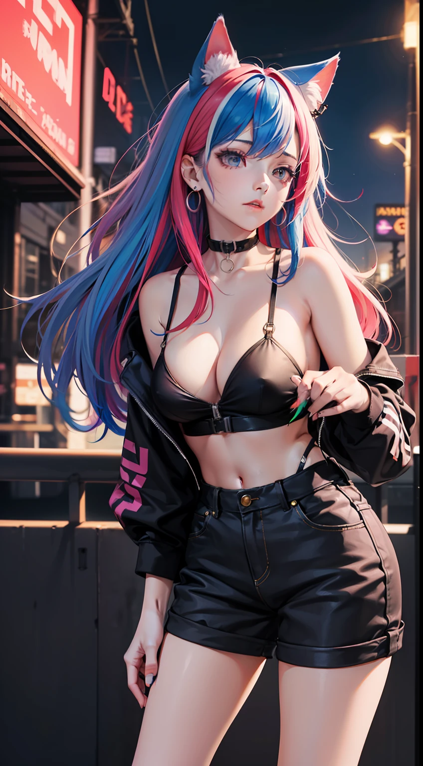 4k,CG Digital rendering,wallpaper,illustration,absurdres,Ultra HD,incredibly absurdres,masterpiece,amazing,finely detail,original,beautiful-detailed eyes,tyndall effect,dynamic angle,cyberpunk city,night,

(1girl:1.5),(solo),((streetwear)),toon,medium breasts,nsfw,shorts,((Sexual suggestion)),(standing),leaning forward,earrings,cat_ears,ribbon choker,(cleavage),((colorful streaked hair)),((( gradient hair))),

neon light,, ((painting, canvas, fine art)), detailedHDR, portrait, 50mm, F/2.8, 1m away，