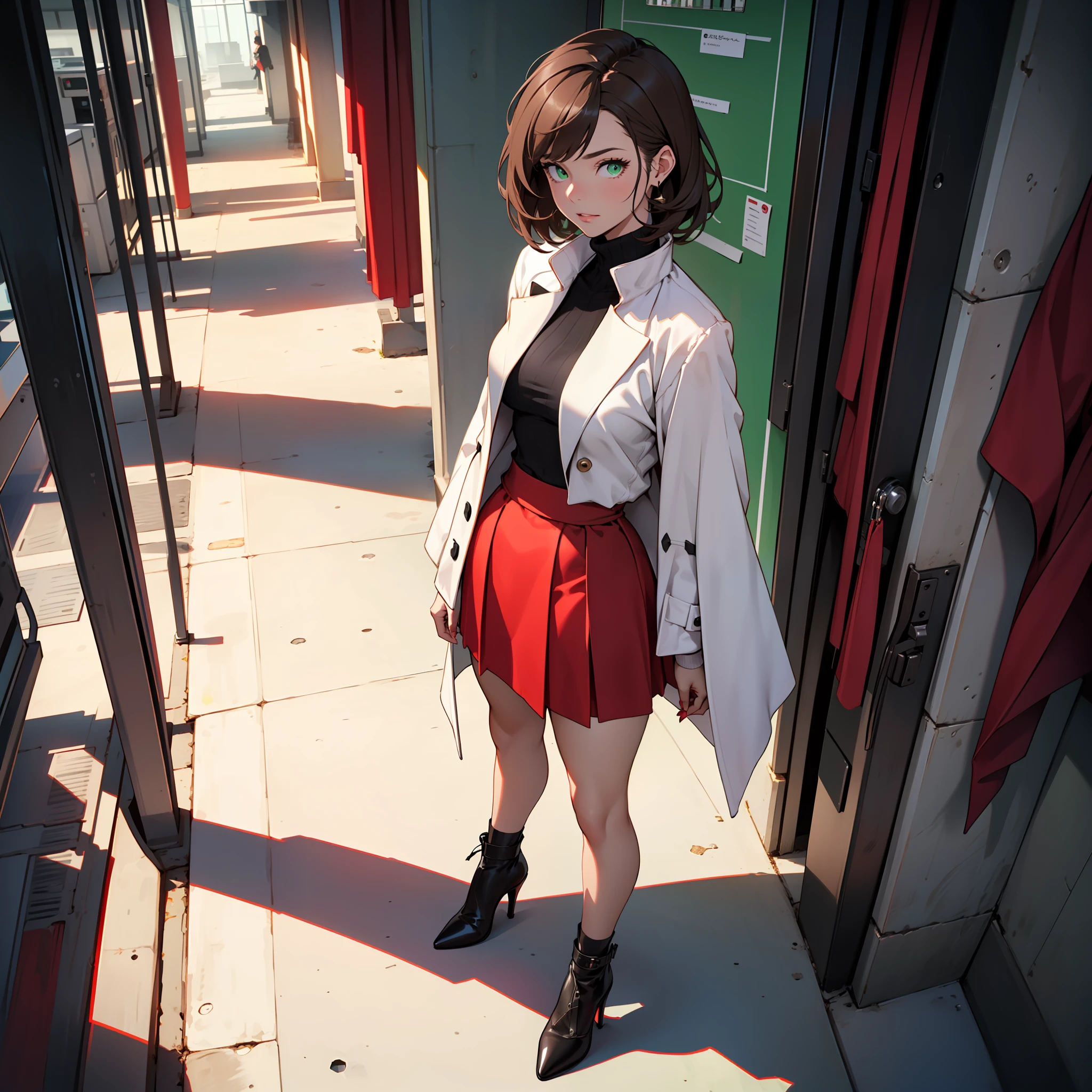 Best Category - Fashion Photography: (from above), 1girl, solo, mature female, dressed in a stylish (black turtleneck:1.2) and a vibrant (red hobble skirt:1.4), styled with a crisp white lab coat, Black high heels, have green eyes with brown brunette hair, in futuristic laboratory, brilliant, smart, calming figure, (look at viewer)