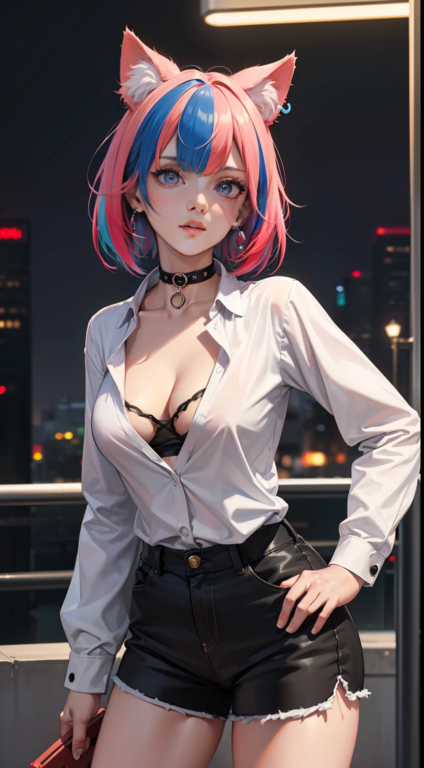 4k,CG Digital rendering,wallpaper,illustration,absurdres,Ultra HD,incredibly absurdres,masterpiece,amazing,finely detail,original,beautiful-detailed eyes,tyndall effect,dynamic angle,cyberpunk city,night,

(1girl:1.5),(solo),((streetwear)),toon,medium breasts,nsfw,shorts,((Sexual suggestion)),(standing),leaning forward,earrings,cat_ears,ribbon choker,(cleavage),((colorful streaked hair)),((( gradient hair))),

neon light,, ((painting, canvas, fine art)), detailedHDR, portrait, 50mm, F/2.8, 1m away，