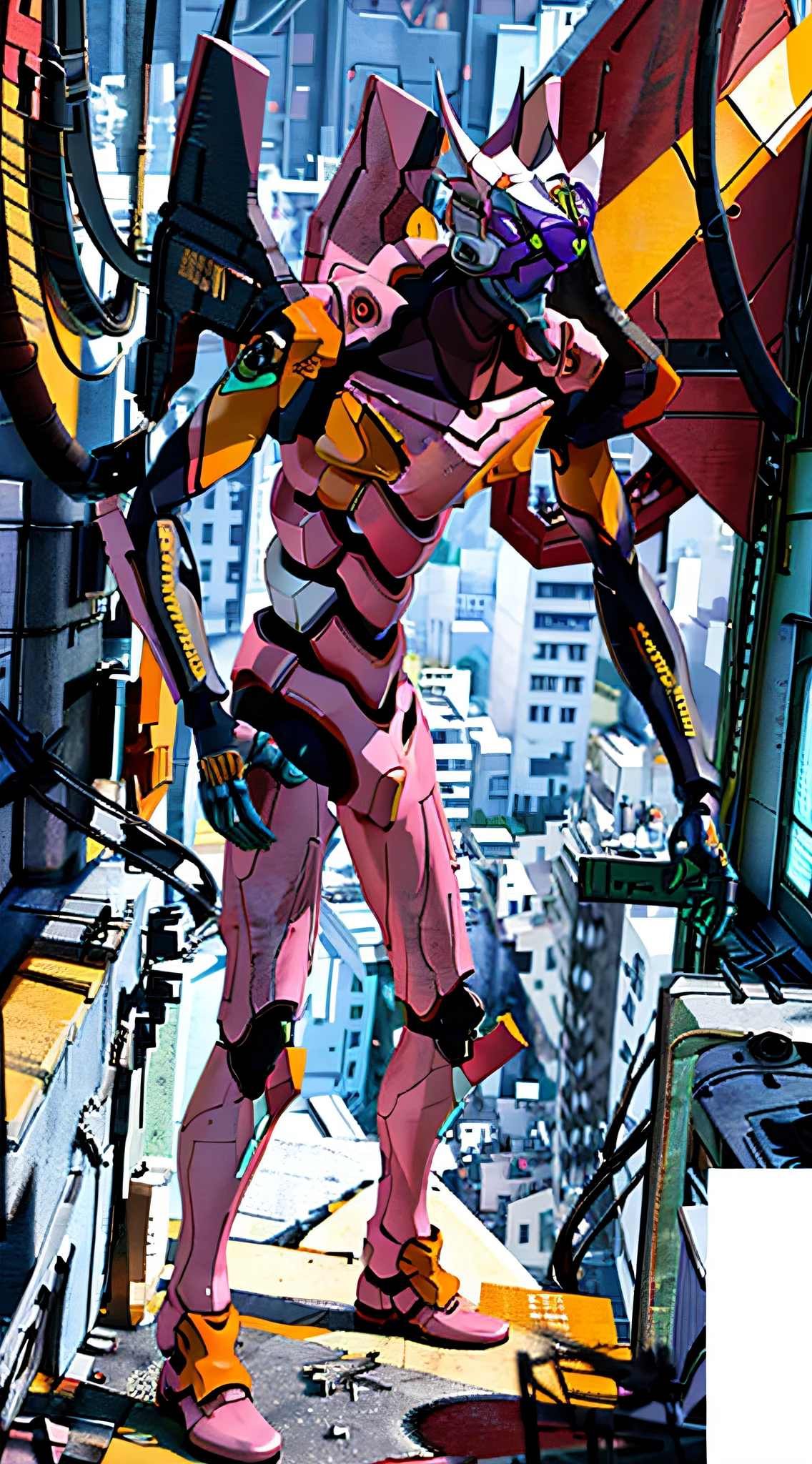 (Eva 06), Eva God, Evangelion Mecha, Science Fiction, Looking at the Audience, 3d Rendering, (Official Art, Best Quality, Masterpiece: 1.2), Illustration, High Resolution, Beautiful Abstract Background, Futuristic, Cyberpunk, Intense Angle