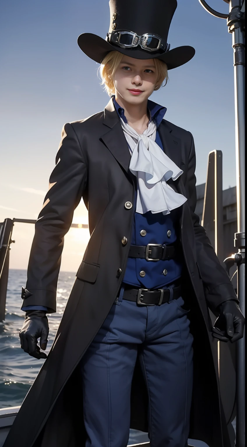 ((Masterpiece: 1.4, highest quality)), ((Masterpiece, highest quality)), (Photographic photo: 1.4), ((1 boy)))), ((Cool, clear face: 1.2, young)), Smile (Hat), (Blonde hair, short hair, wavy hair: 1.2), (Long coat: 1.3), (Blue double button coat: 1.5), (Jabo: 1.5), (Belt: 1.3, Gloves: 1.3 , Boots: 1.3, Cargo pants: 1.3), (Muscle: 1.1, Slim: 1.1), (((Upper body: 1.2, Face focus: 1.2)))), sea, Wooden ship, Nautical, Deck, wind, sky, professional lighting, physics-based rendering